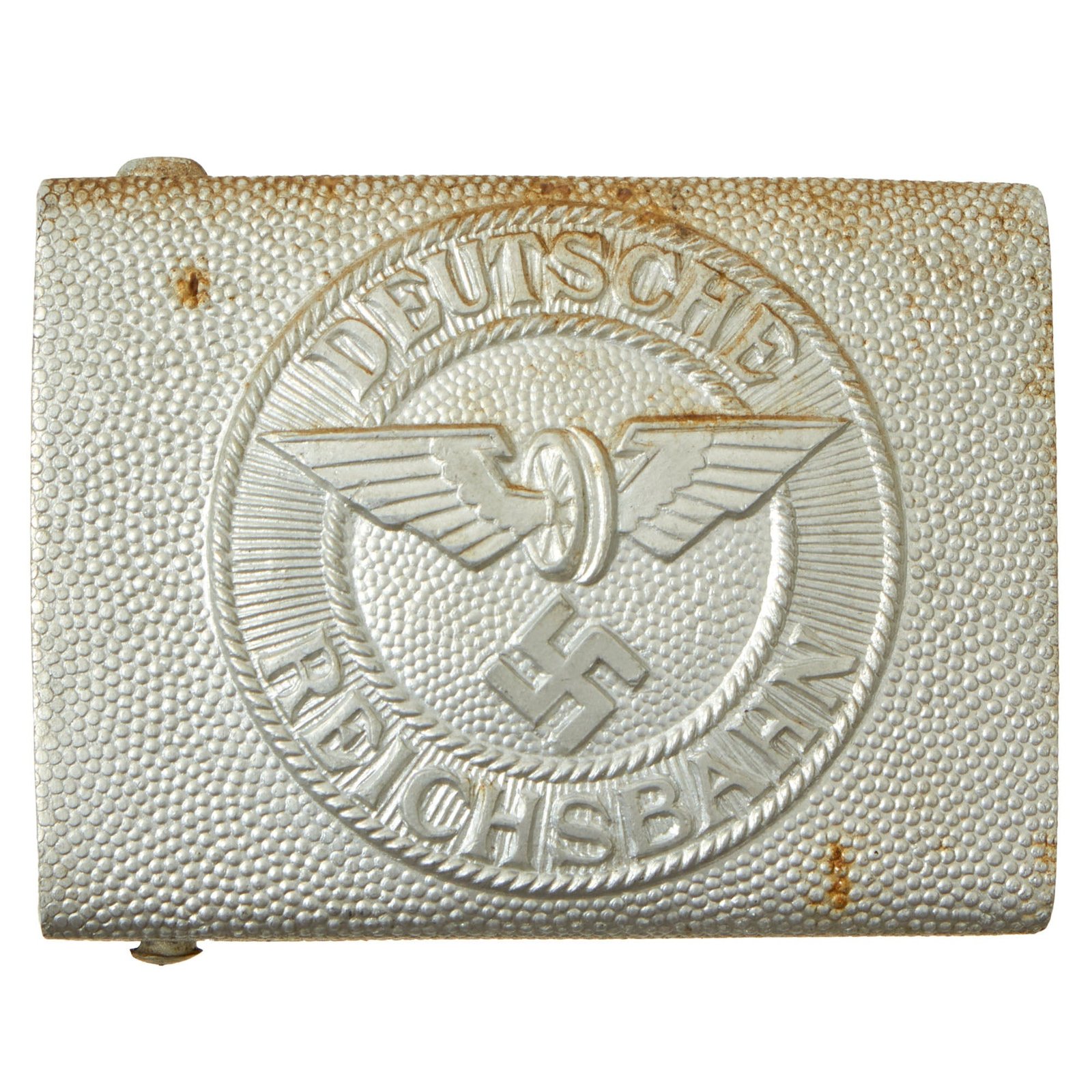 Buy Original German WWII DRB Bahnschutzpolizei Railway Police Pebbled Aluminum Belt Buckle by Richard Sieper & Söhne | Original Firearms Antique For Sale