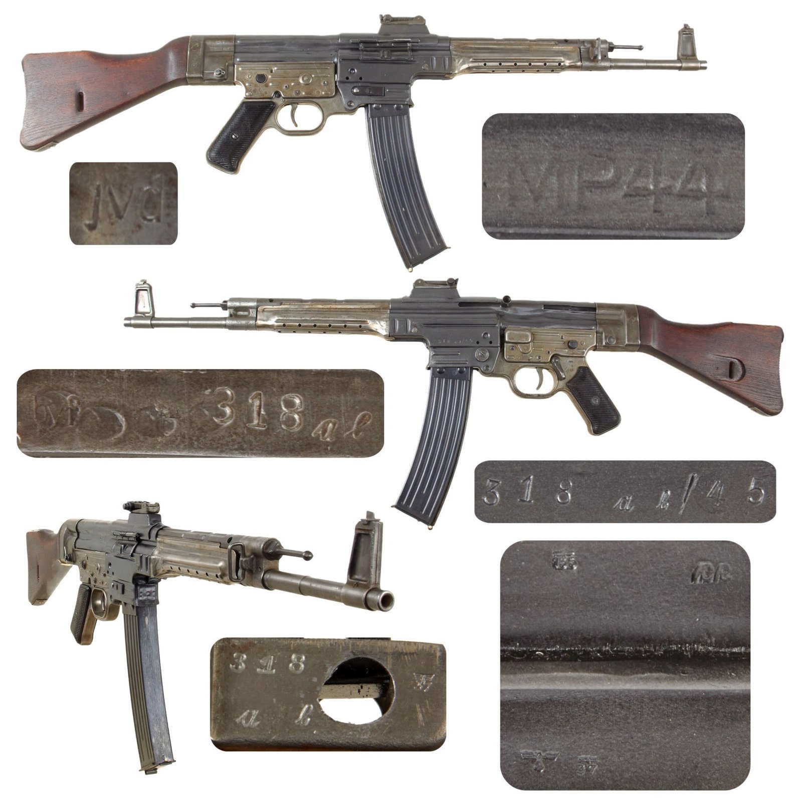 Original German WWII MP44 STG 44 Sturmgewehr Demilled Receiver Display Gun Dated 1945 with Live Barrel, Bolt, and Replica Magazine - Matching Serial 318 al