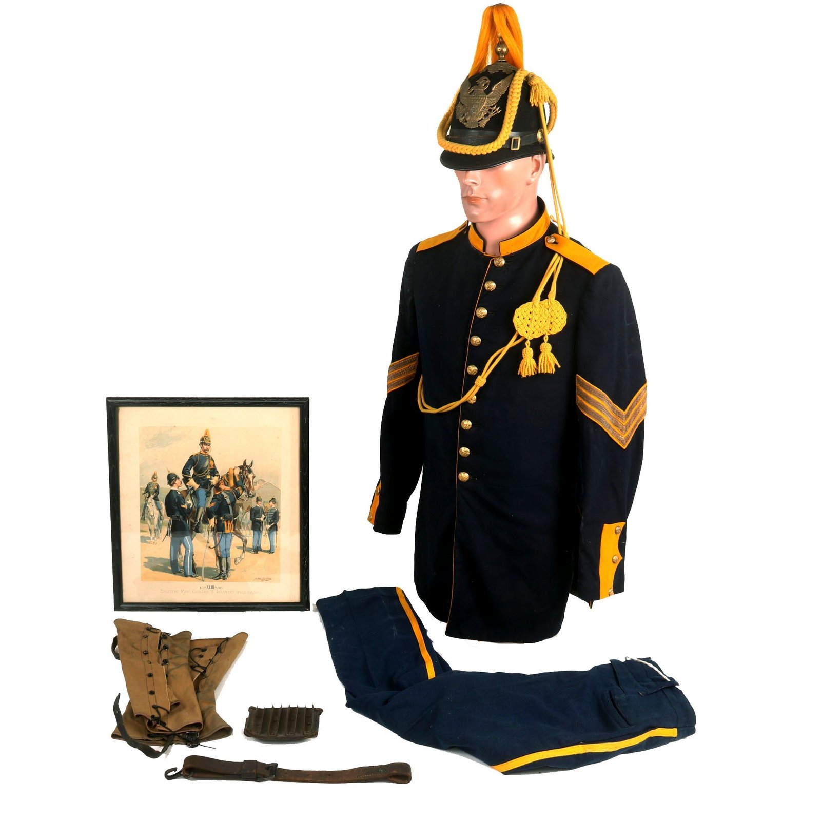 Buy Original U.S. Indian Wars / Spanish-American War Cavalry Sergeant Uniform Set - Includes Blouse, Trousers, M1881 Blue Cloth Spike Helmet, Issued Horse Brush and Leg Gaitors | Original Firearms Antique For Sale