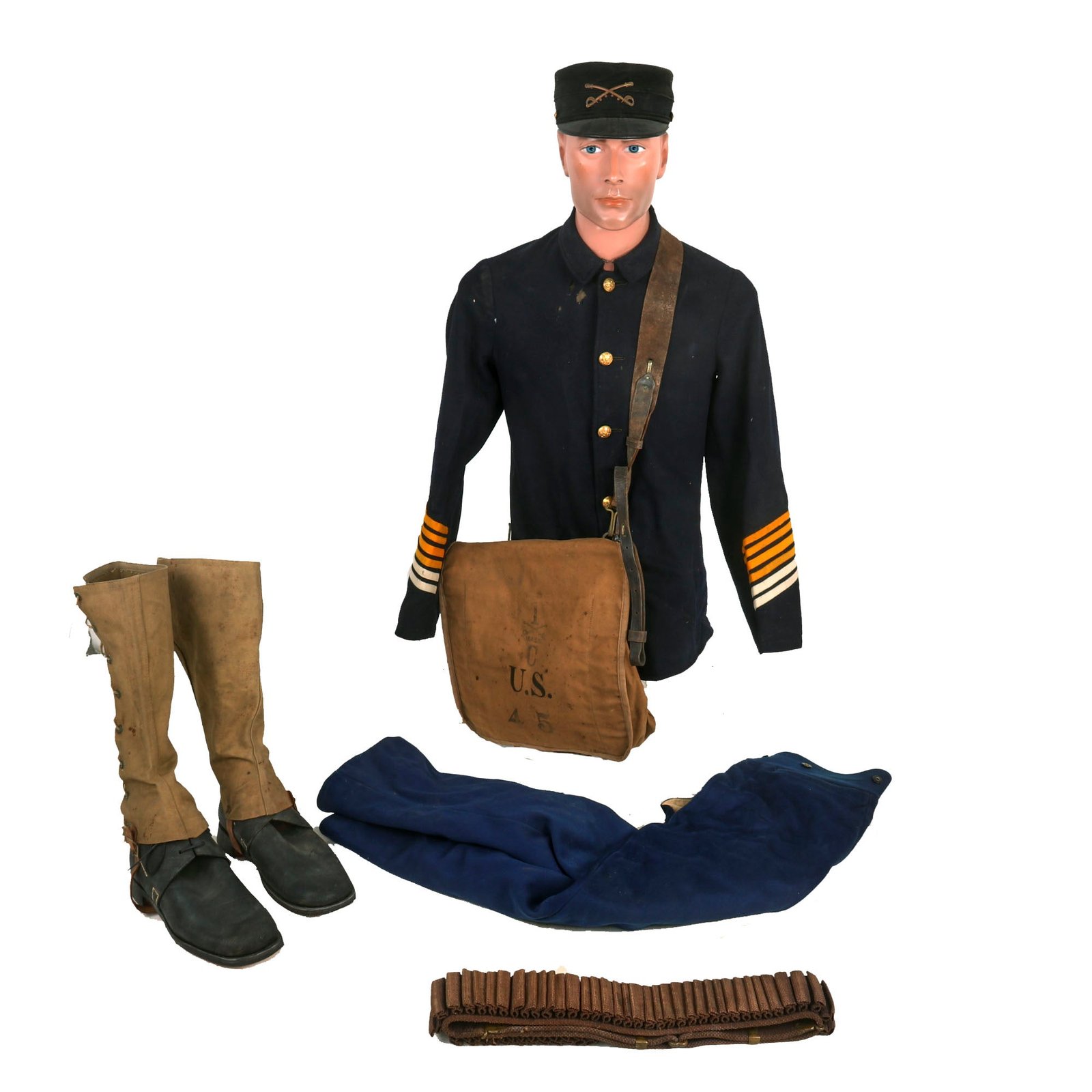 Buy Original U.S. Spanish-American War to WWI Era Enlistedman’s Pattern 1887 Fatigue Sack Coat With Blue Trousers, 1895 Forage Cap, Haversack, Cartridge Belt and Boots | Original Firearms Antique For Sale