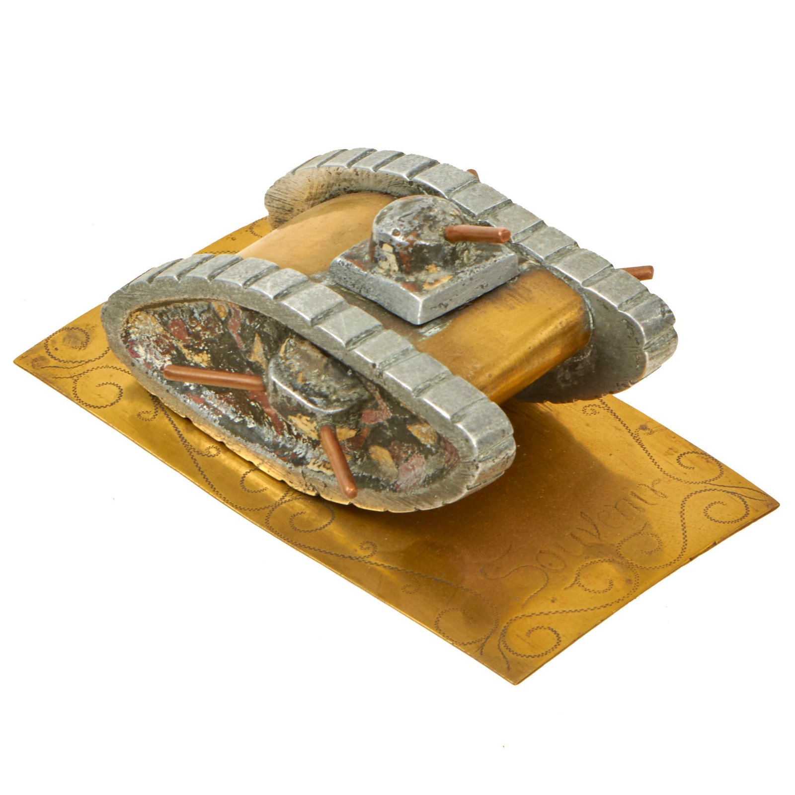 Buy Original British WWI Trench Art Mk V Tank Brass Model with Inscribed “Souvenir France” Base | Original Firearms Antique For Sale