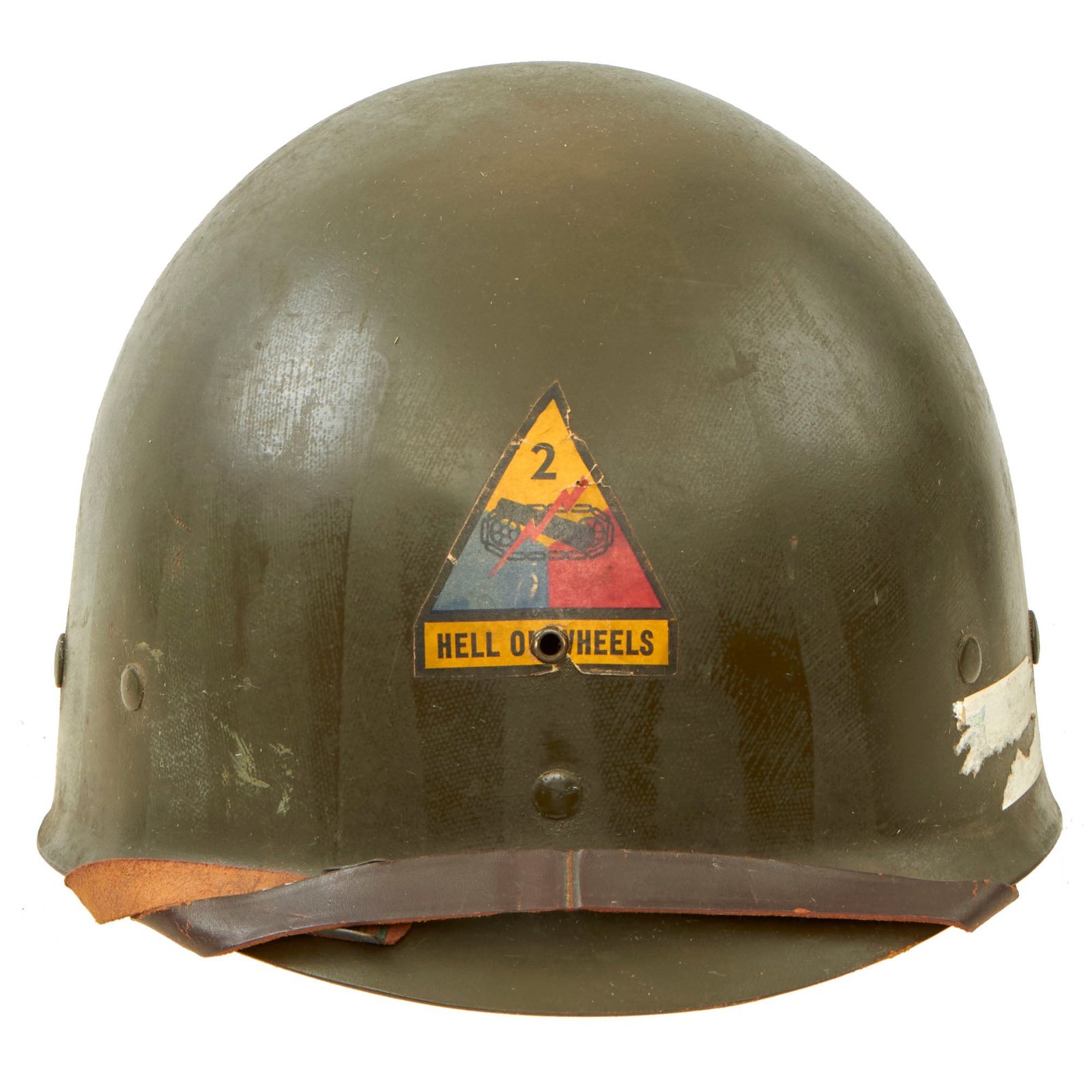 Buy Original U.S. WWII M1 Helmet High Pressure Seaman Paper Co Liner With Period Applied 2nd Armored Division “Hell on Wheels” Paper Decal | Original Firearms Antique For Sale
