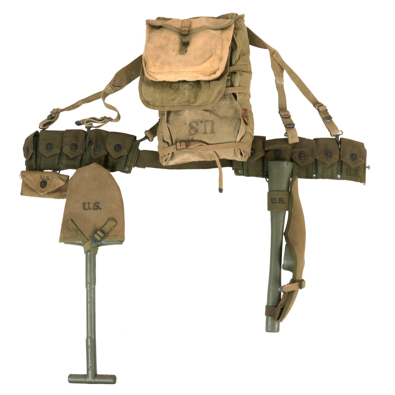 Buy Original U.S. WWII M1928 Field Pack Haversack Grouping With M1942 Ammunition Belt Rig Featuring T-Handle Shovel and Mattock Pickaxe | Original Firearms Antique For Sale