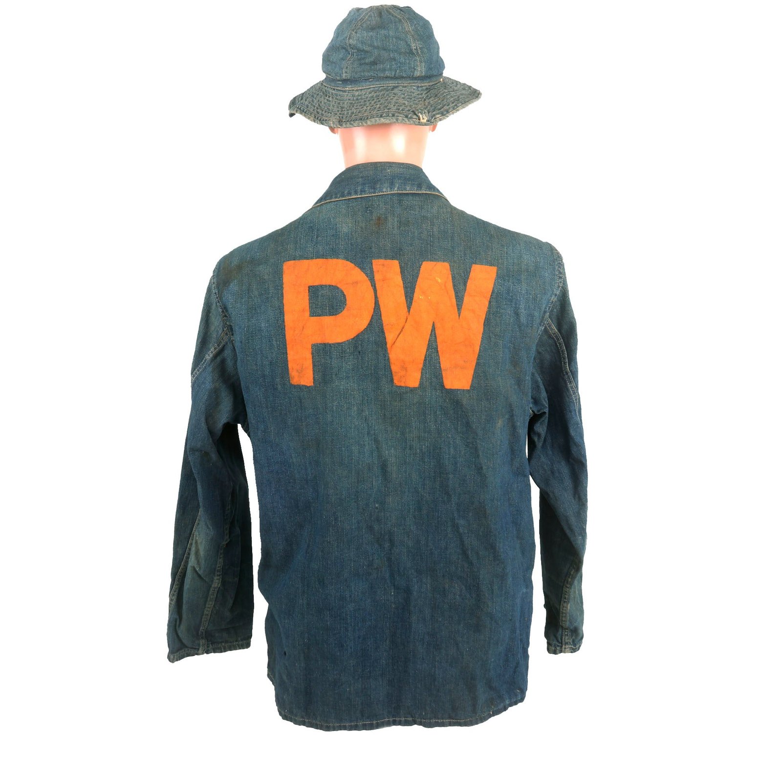 Buy Original U.S. WWII M-1940 Denim Jacket and “Daisy Mae” Cap with Axis Prisoner of War “PW” Stenciled - From Camp Joseph T. Robinson, Arkansas | Original Firearms Antique For Sale