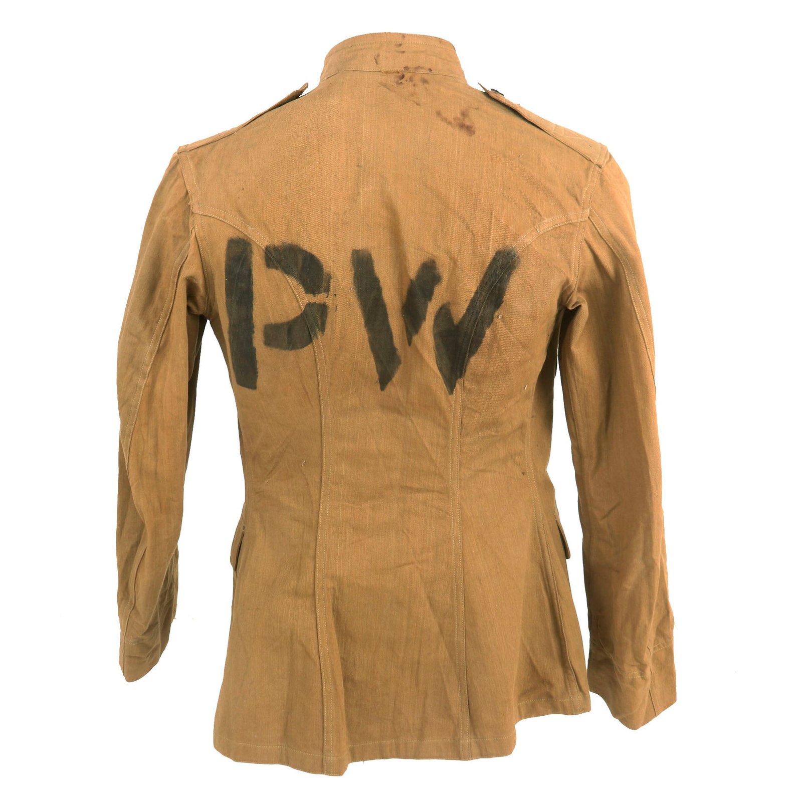 Buy Original U.S. WWII German POW Named WWI Uniform Jacket with Axis Prisoner of War “PW” Stenciled - From Camp Joseph T. Robinson, Arkansas | Original Firearms Antique For Sale