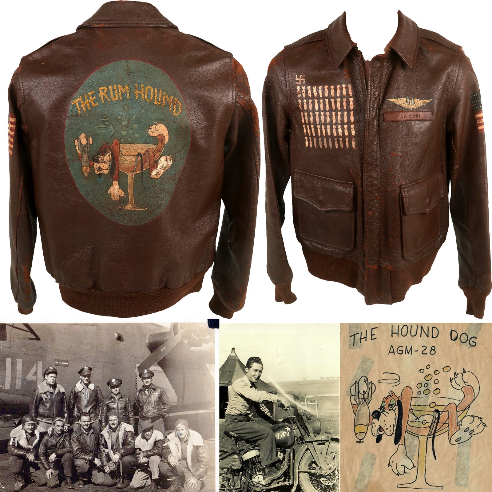 Buy Original U.S. WWII B-24 Rum Hound Painted A-2 Jacket Grouping Named to Tail Gunner J.R. DUNN - Completed 51 Missions with Confirmed Bf 109 Downing - 824 Bomb Squadron | Original Firearms Antique For Sale
