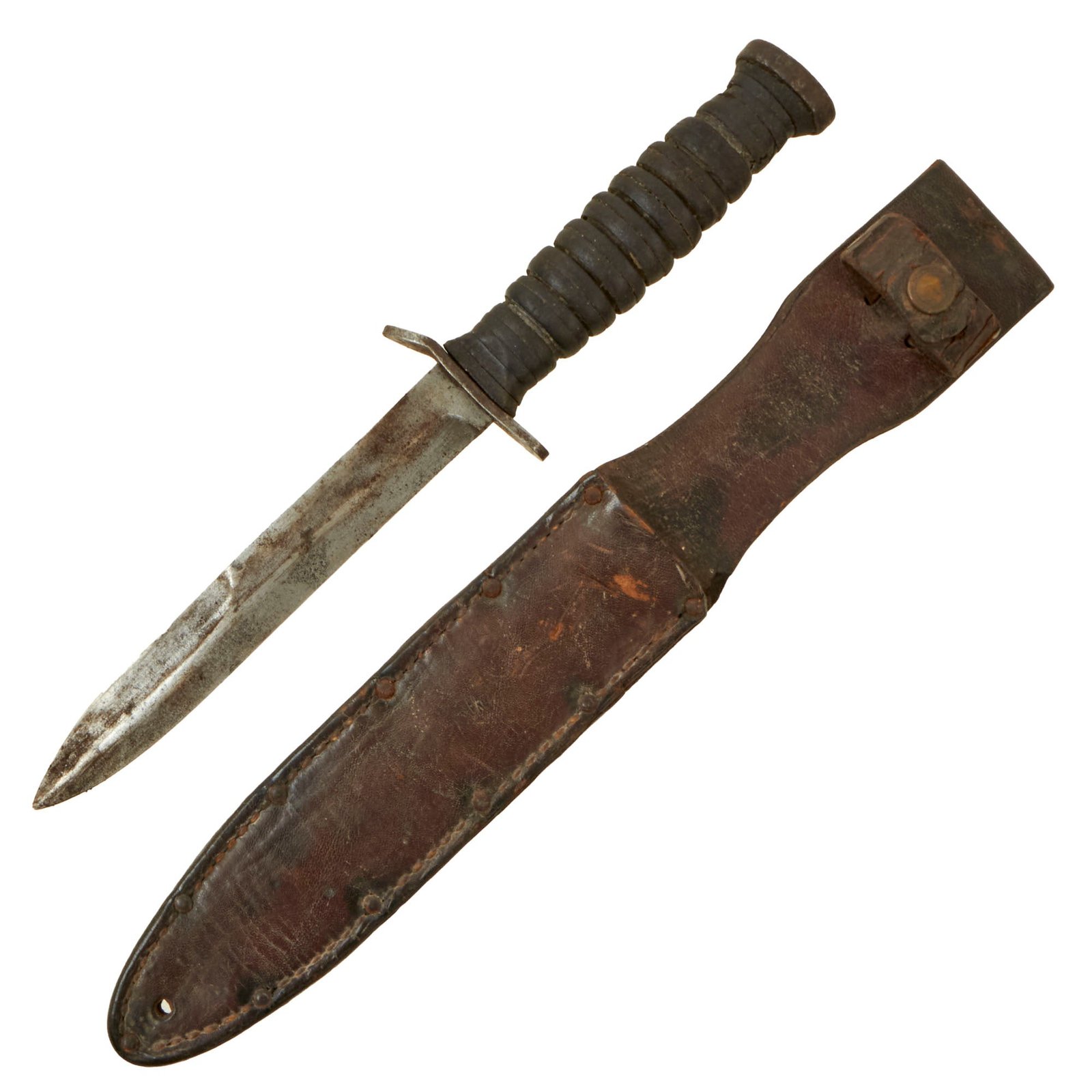 Buy Original U.S. WWII M3 Fighting Knife Crossguard Marked by Aerial with Custom Leather Scabbard - Rare Maker | Original Firearms Antique For Sale