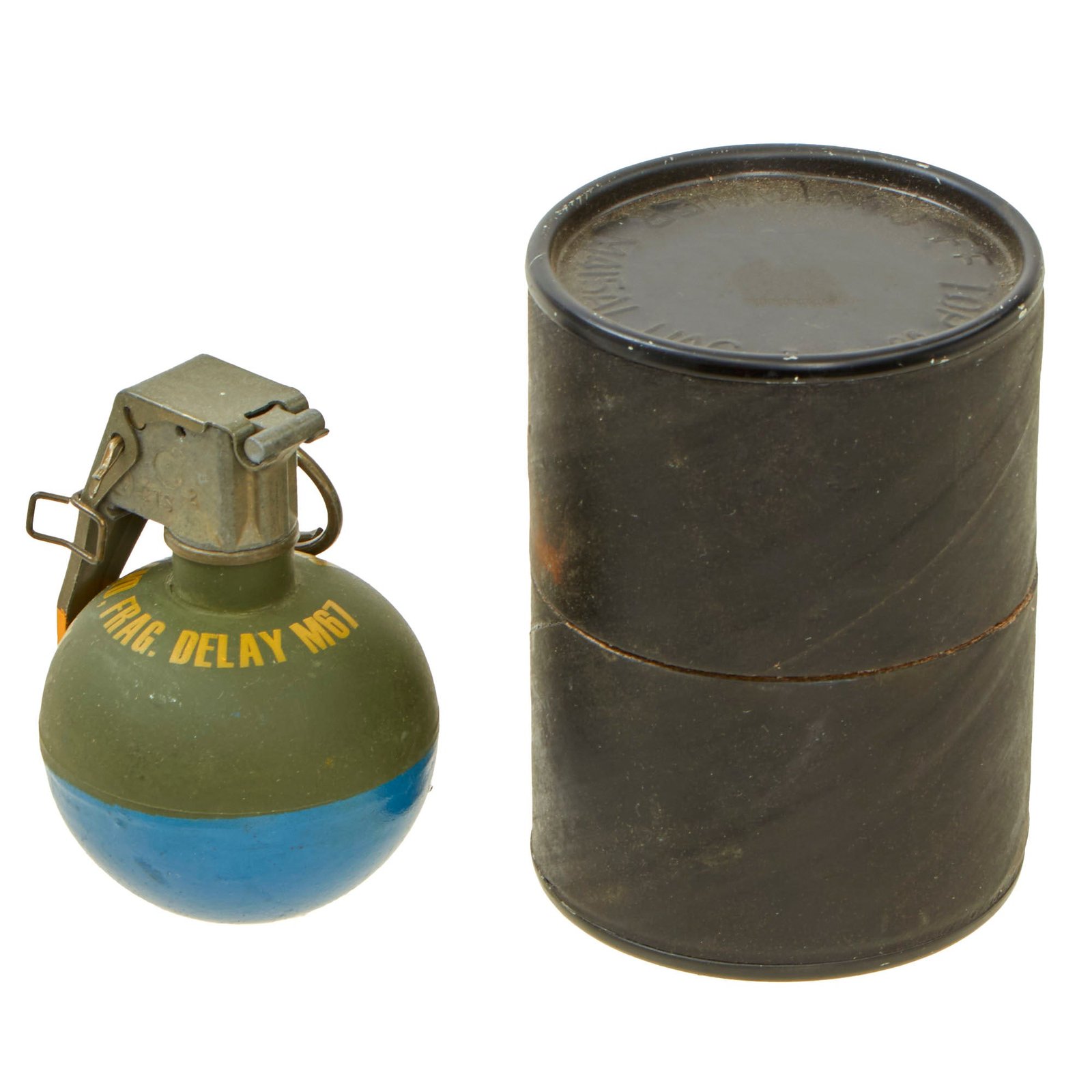 Buy Original U.S. Vietnam War Era M67 Fragmentation Hand Grenade Converted To M69 “Blue Body” Trainer with Practice Fuze and Modern “Husk” Canister - Inert | Original Firearms Antique For Sale