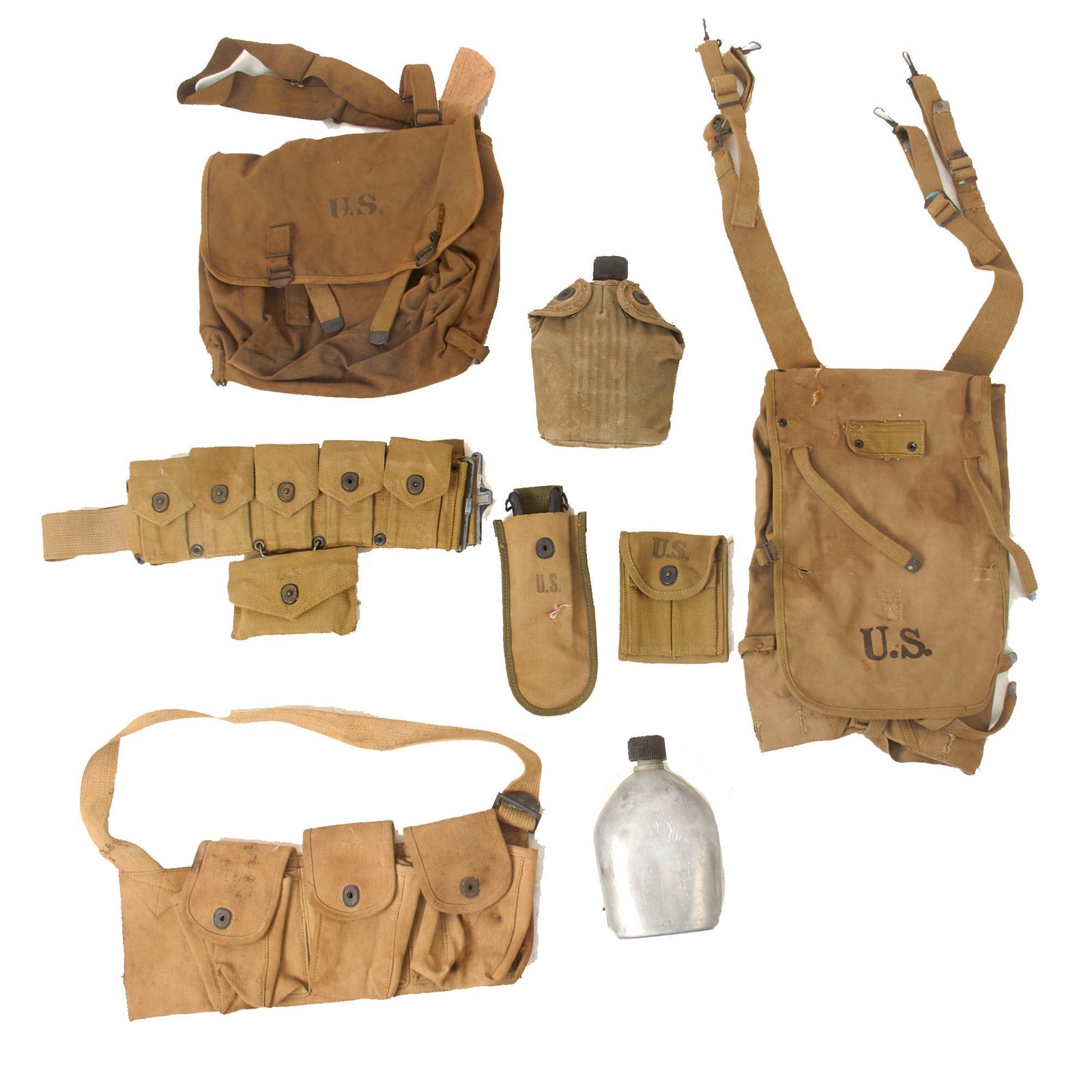 Buy Original U.S. WWII - WWI Field Gear Lot - Named AAF 381st Bomb Group Officer’s Musette Bag with Customs Declaration Tag Attached and M1910 Gear - 8 Items Total | Original Firearms Antique For Sale