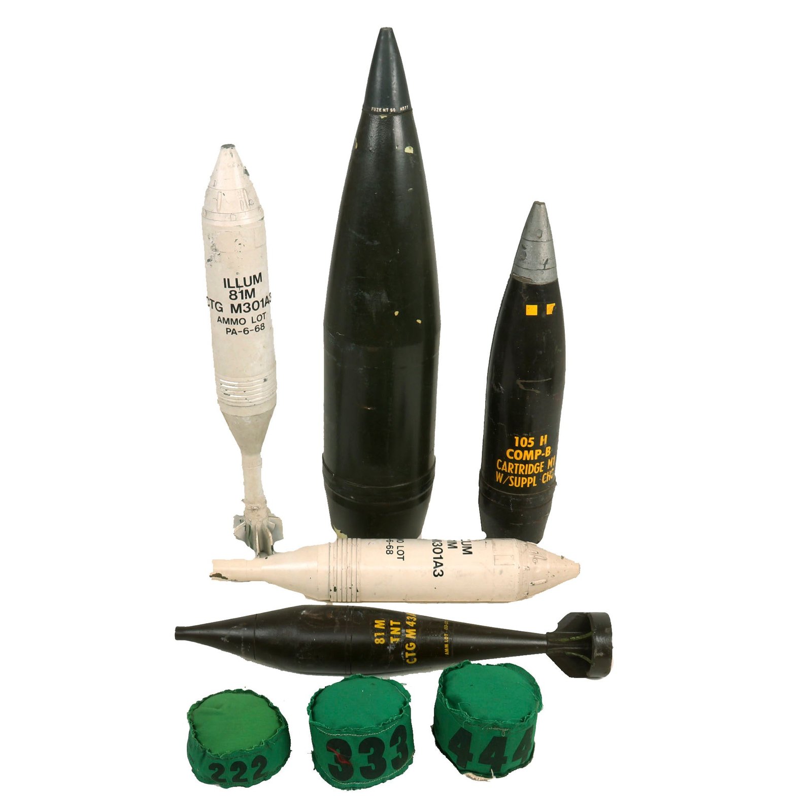 Buy Original U.S. Vietnam War Era Lot of Five Small & Large Size Artillery Training Aids with Three Flash Reducers | Original Firearms Antique For Sale