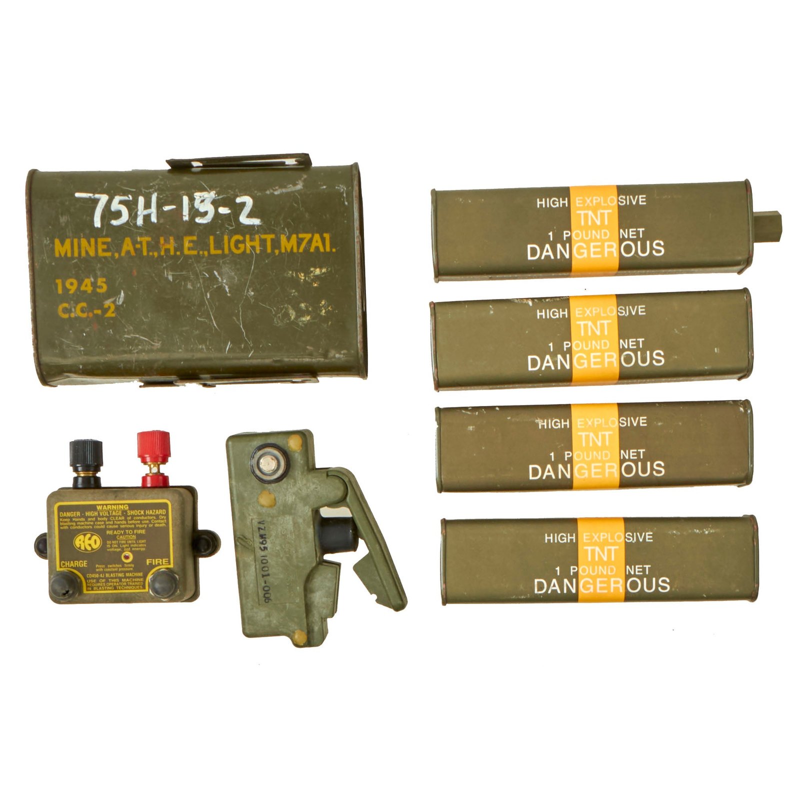 Buy Original U.S. WWII to GWoT Era Inert / Deactivated Training Lot Featuring EOD CD450-4J REO Blasting Machine, 1 LB TNT Blocks, Firing Devices and M7A1 AT Mine - (7) Items | Original Firearms Antique For Sale