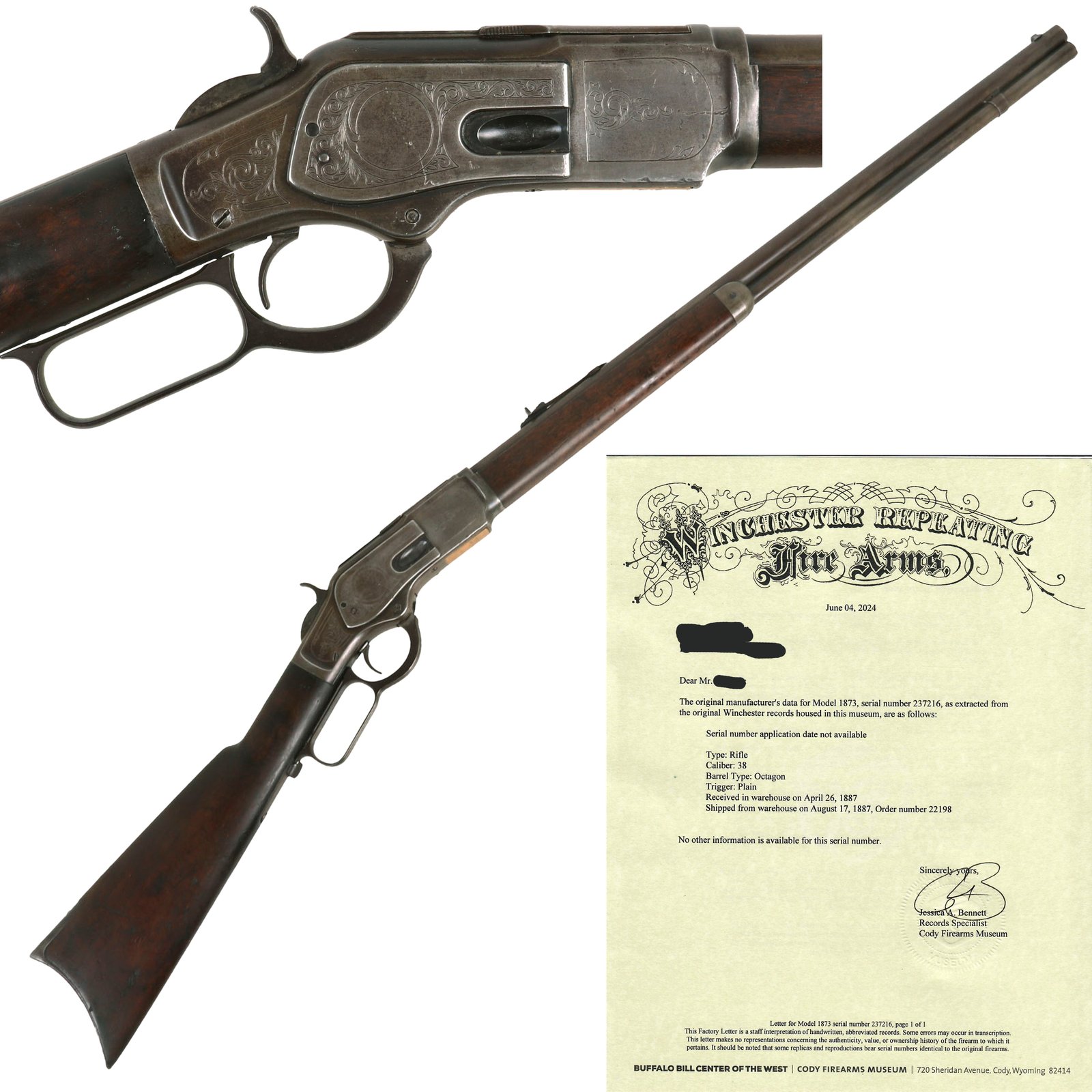 Buy Original U.S. Winchester M1873 .44-40 Repeating Rifle with Excellent 26" Special Order Barrel & Engraved Frame Made in 1887 - Serial 237216B With Factory Letter | Original Firearms Antique For Sale