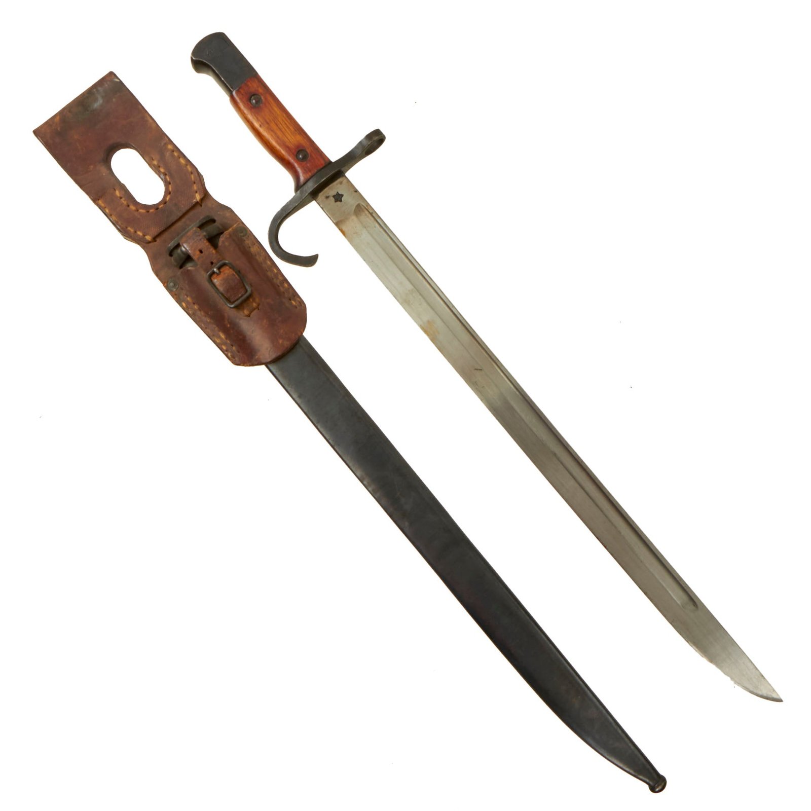 Buy Original Japanese WWII Kanji Marked Arisaka Type 30 Hooked Quillon Bayonet by Toyokawa Kosho Naval Arsenal with Steel Scabbard and Leather Frog | Original Firearms Antique For Sale
