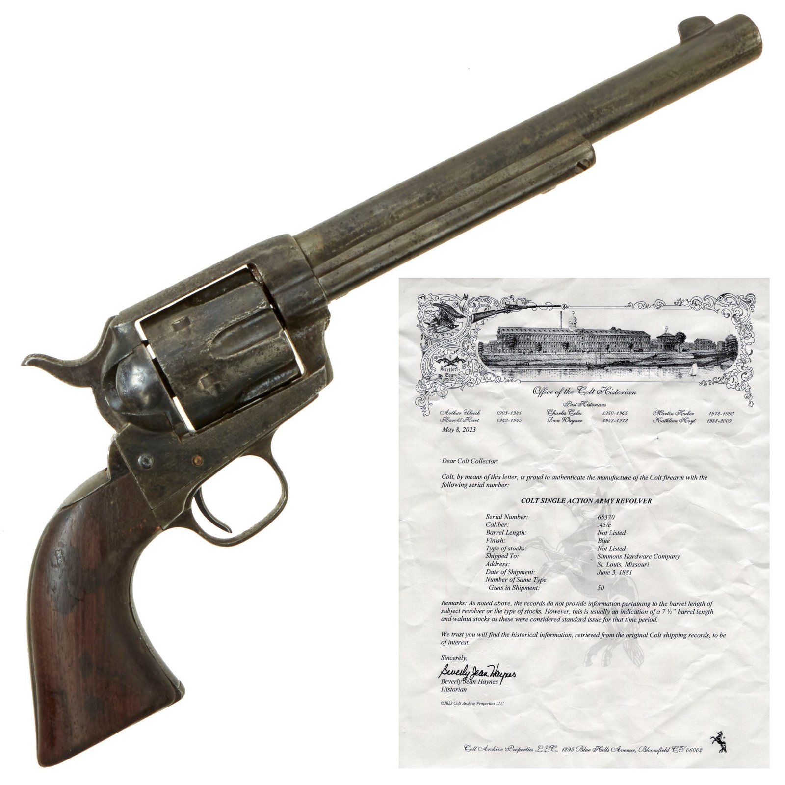 Buy Original U.S. Colt .45cal Single Action Army Revolver made in 1881 with 7 ½" Barrel and Factory Letter - Matching Serial 65370 | Original Firearms Antique For Sale