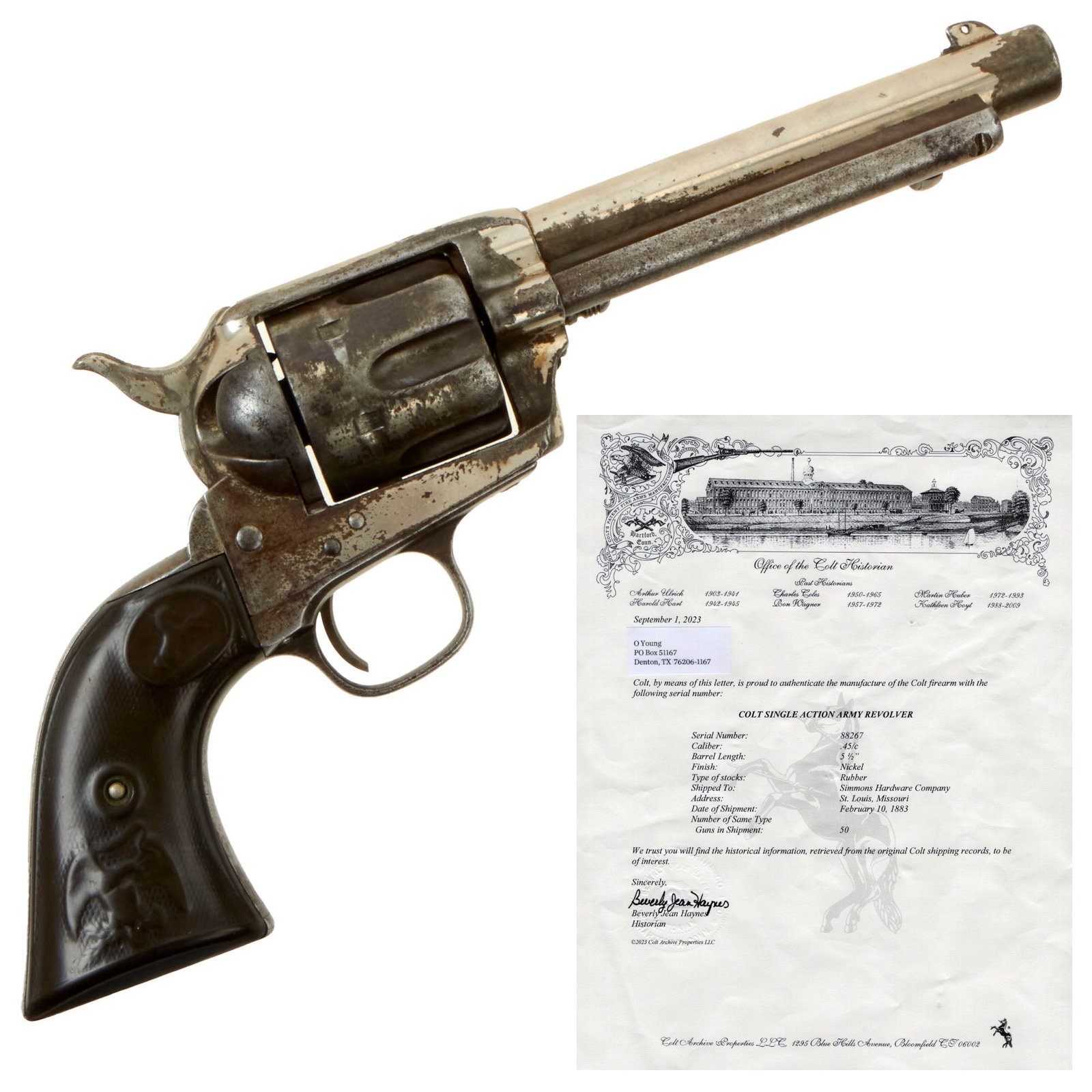 Buy Original U.S. Colt Nickel-Plated .45cal Single Action Army Revolver made in 1883 with 5 ½" Barrel & Factory Letter - Matching Serial 88267 | Original Firearms Antique For Sale