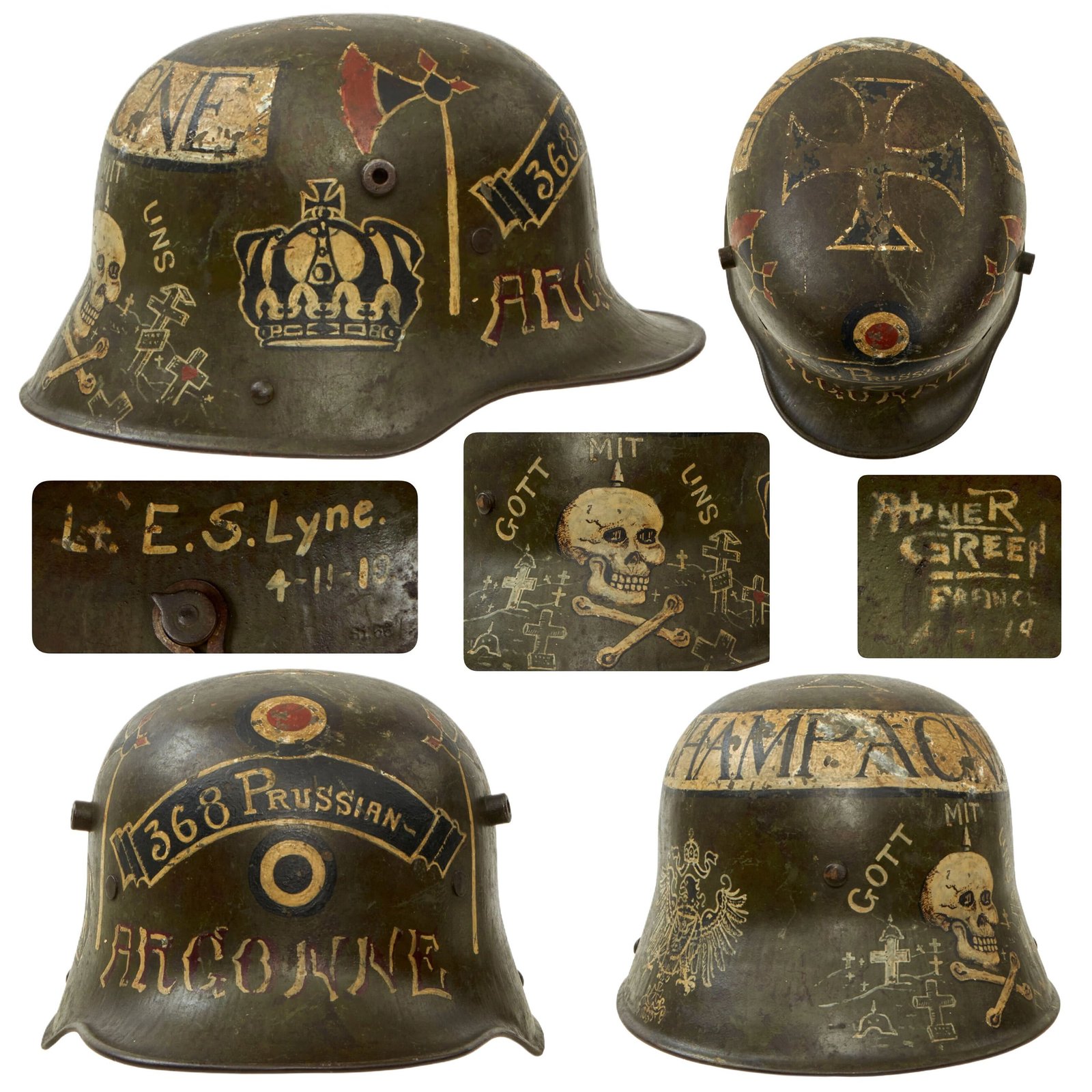Buy Original Imperial German WWI Named & Dated USGI Captured & Ornately Painted "368 Prussian" M16 Stahlhelm Helmet Shell - marked Si.66 | Original Firearms Antique For Sale