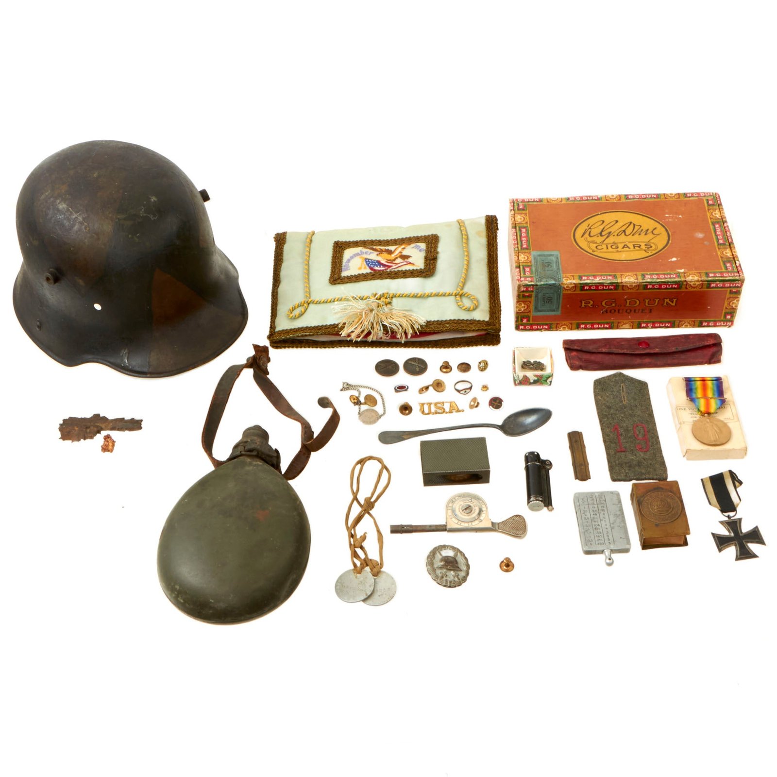 Buy Original U.S. WWI Imperial German Camouflage Painted Helmet Shell Bringback Grouping With Dogtags, Silver Wound Badge, Iron Cross and More - Herbert T. Baynes (2026381) | Original Firearms Antique For Sale