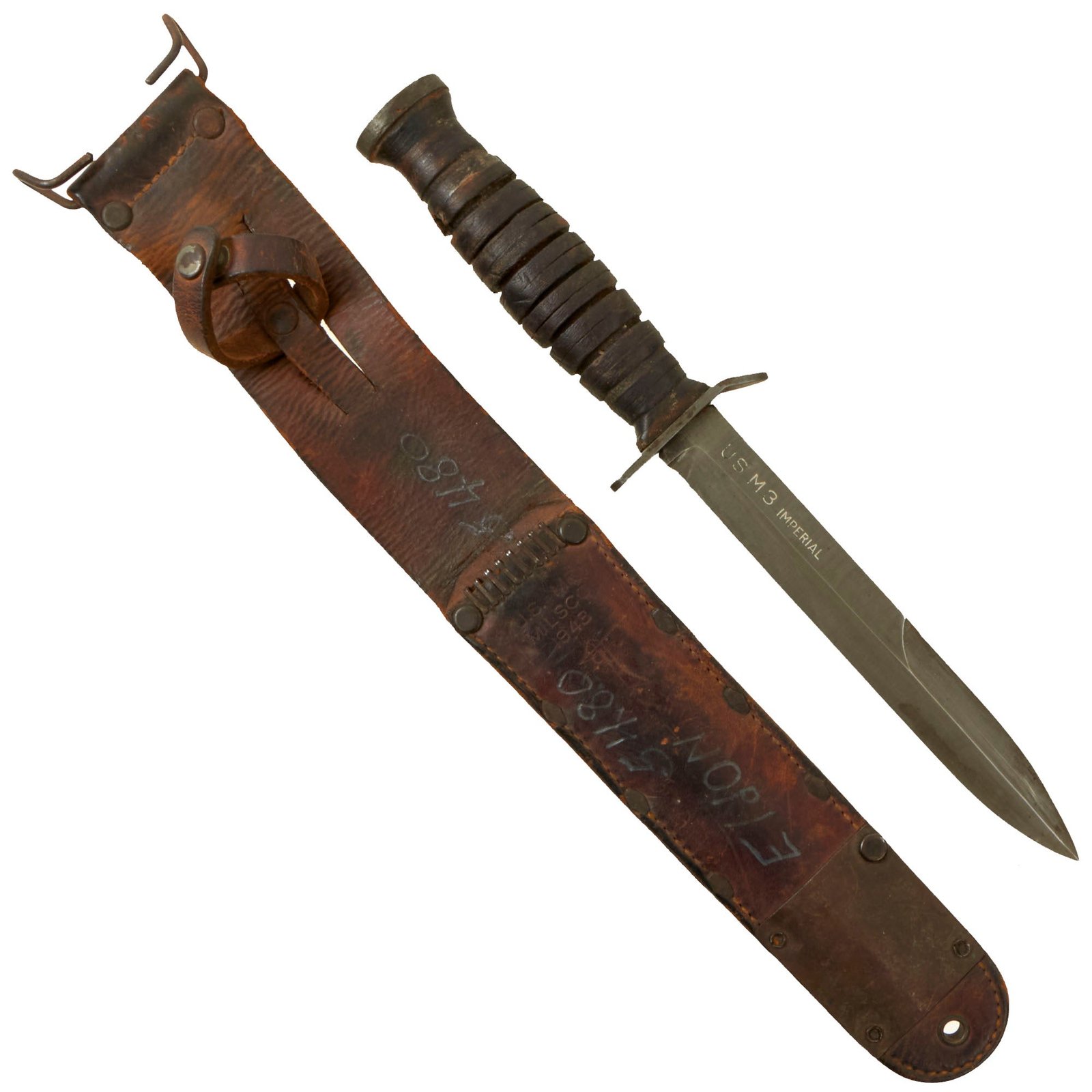 Buy Original U.S. WWII M3 Blade Marked Fighting Knife by Imperial with 1943 dated M6 Leather Scabbard | Original Firearms Antique For Sale