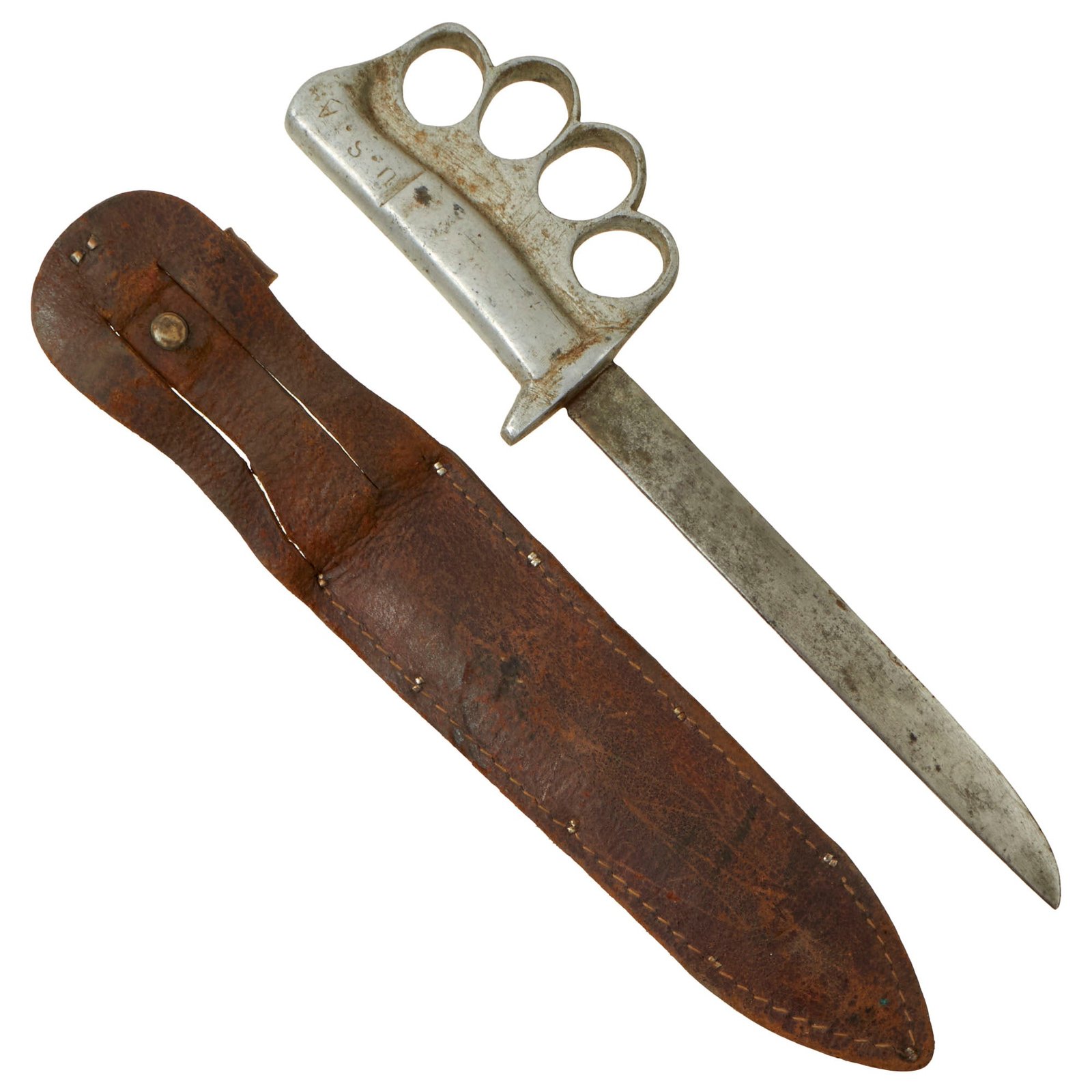 Buy Original U.S. WWII / Korean War Everitt Style Custom Knuckle Duster Fighting Knife With Leather Belt Scabbard | Original Firearms Antique For Sale