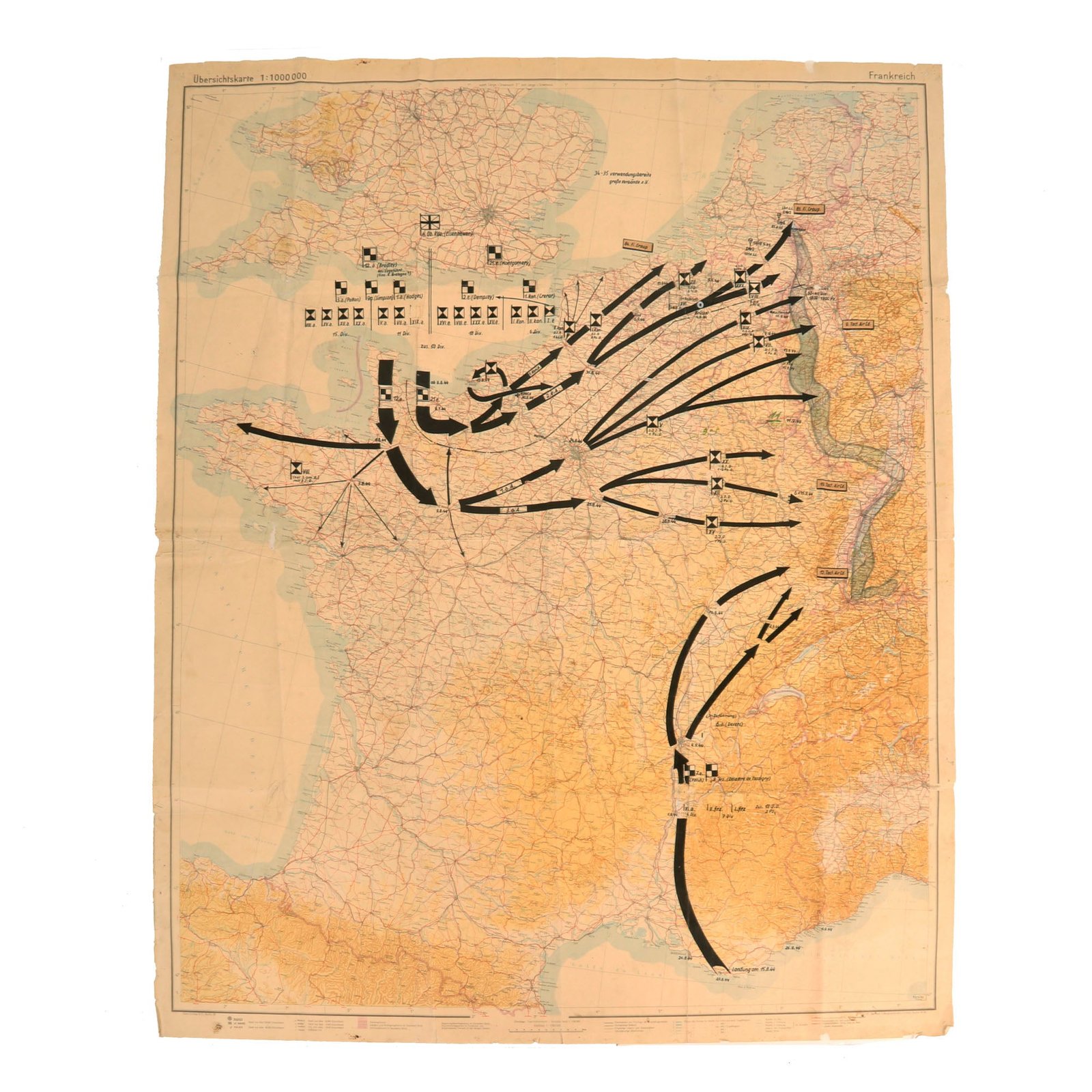 Buy Original German WWII USGI Captured Headquarters Map of France Showing Allied Invasion Forces and Progress - 43" x 50 ½" | Original Firearms Antique For Sale