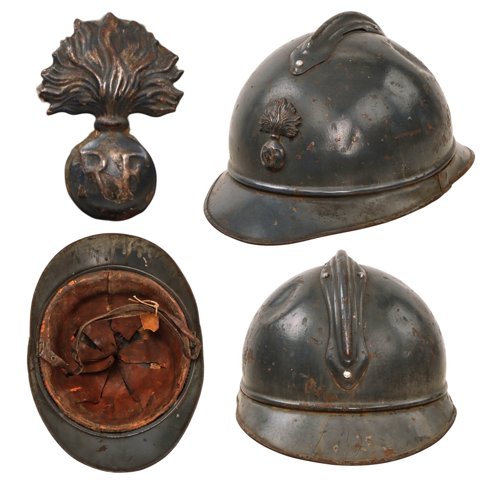 Original French WWI Issue Model 1915 Infantry Adrian Helmet in Horizon Blue with Scarce 1st Pattern Liner & Period Newspapers Used as Liner Padding