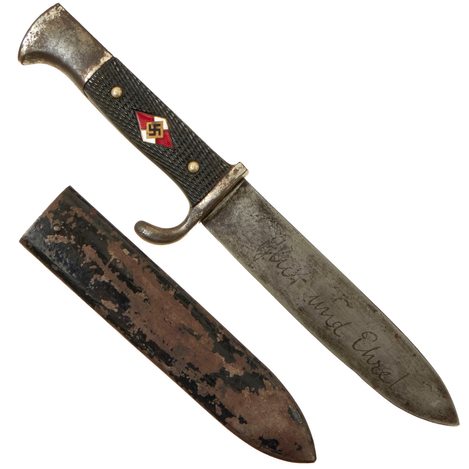 Buy Original German WWII Early Motto-Marked HJ Knife by Gebrüder Christians of Solingen with Scabbard | Original Firearms Antique For Sale