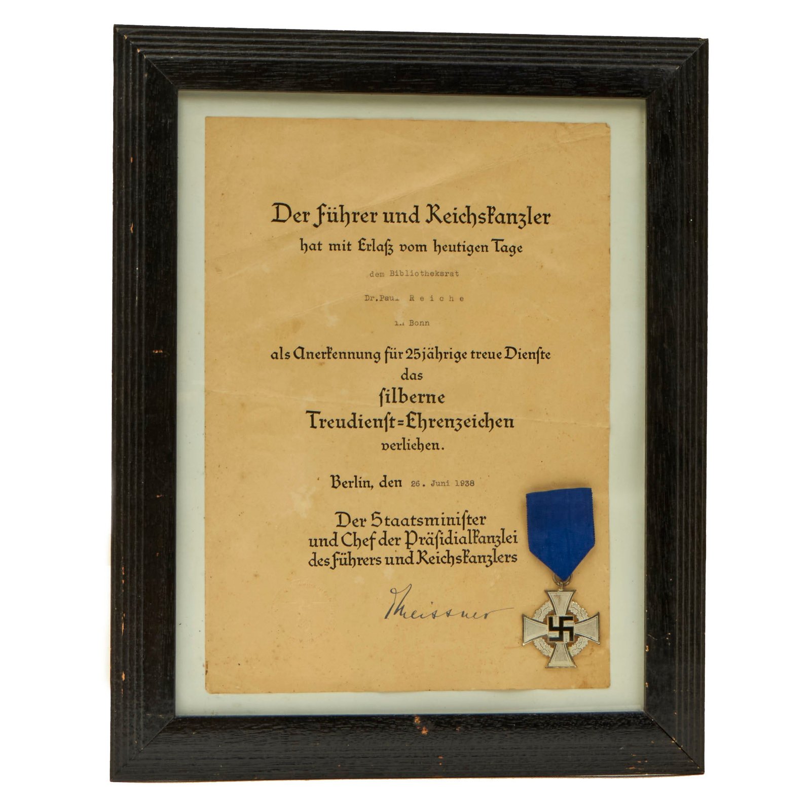 Buy Original German WWII Framed 25-Year Faithful Civil Service Medal & Named Certificate Dated 1938 - 12 ¼” x 15 ¼” | Original Firearms Antique For Sale