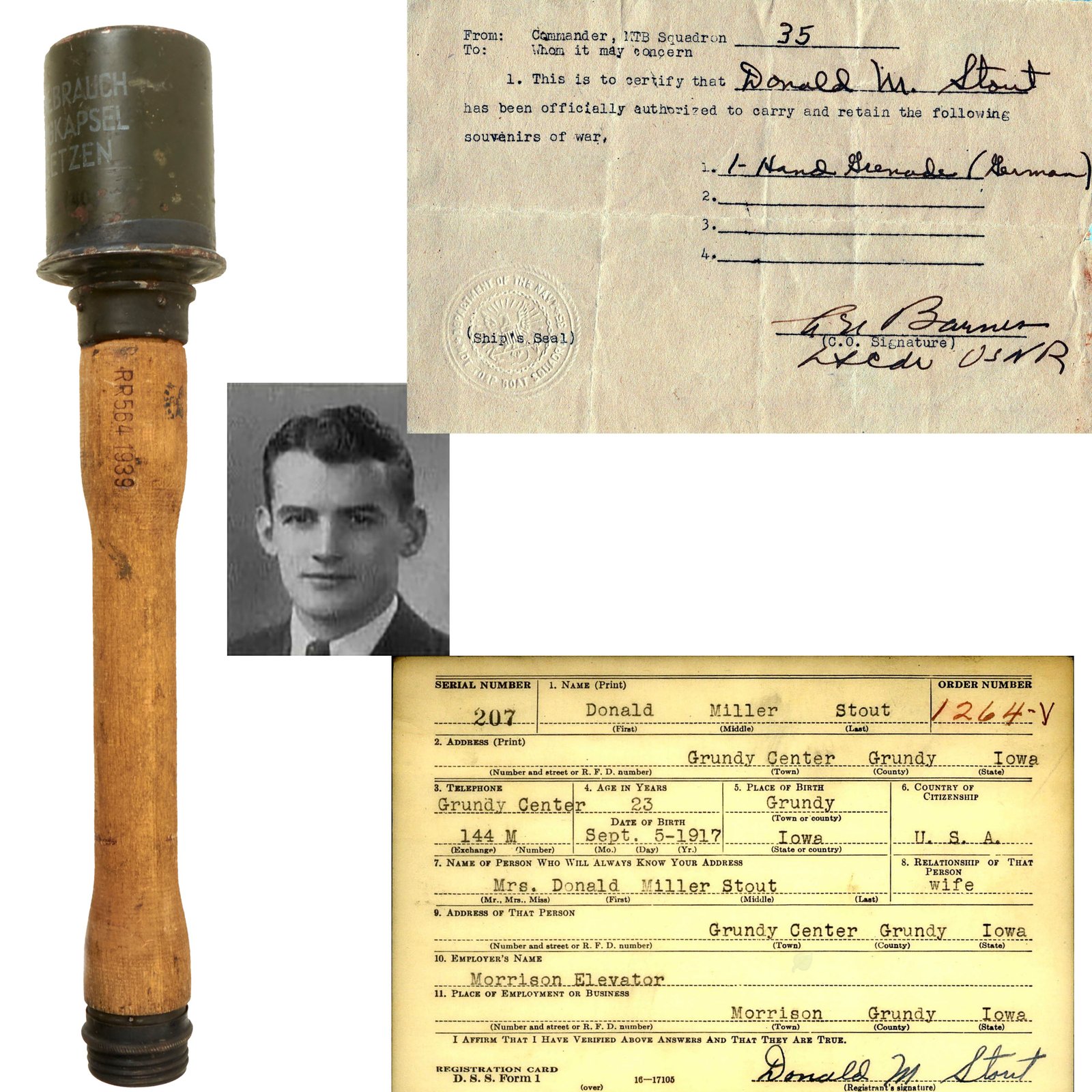 Buy Original German WWII U.S. Captured Inert M24 Stick Grenade Dated 1939 with Bringback Paper - By Richard Rinker | Original Firearms Antique For Sale