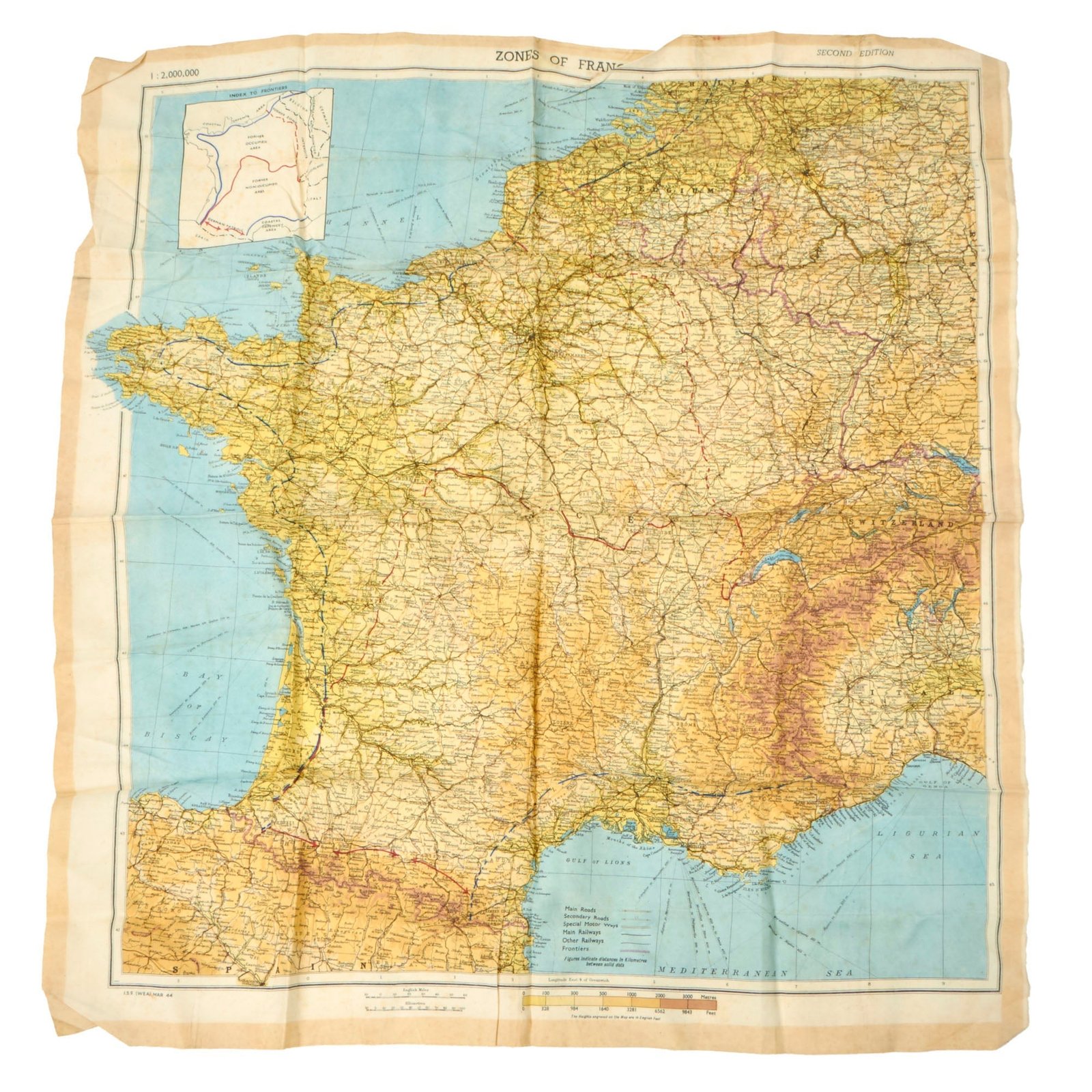 Buy Original U.S. WWII Airborne "Zones of France" D-Day Silk Map - Dated March 1944 - WEA Western European Area - 22 ½” x 24” | Original Firearms Antique For Sale