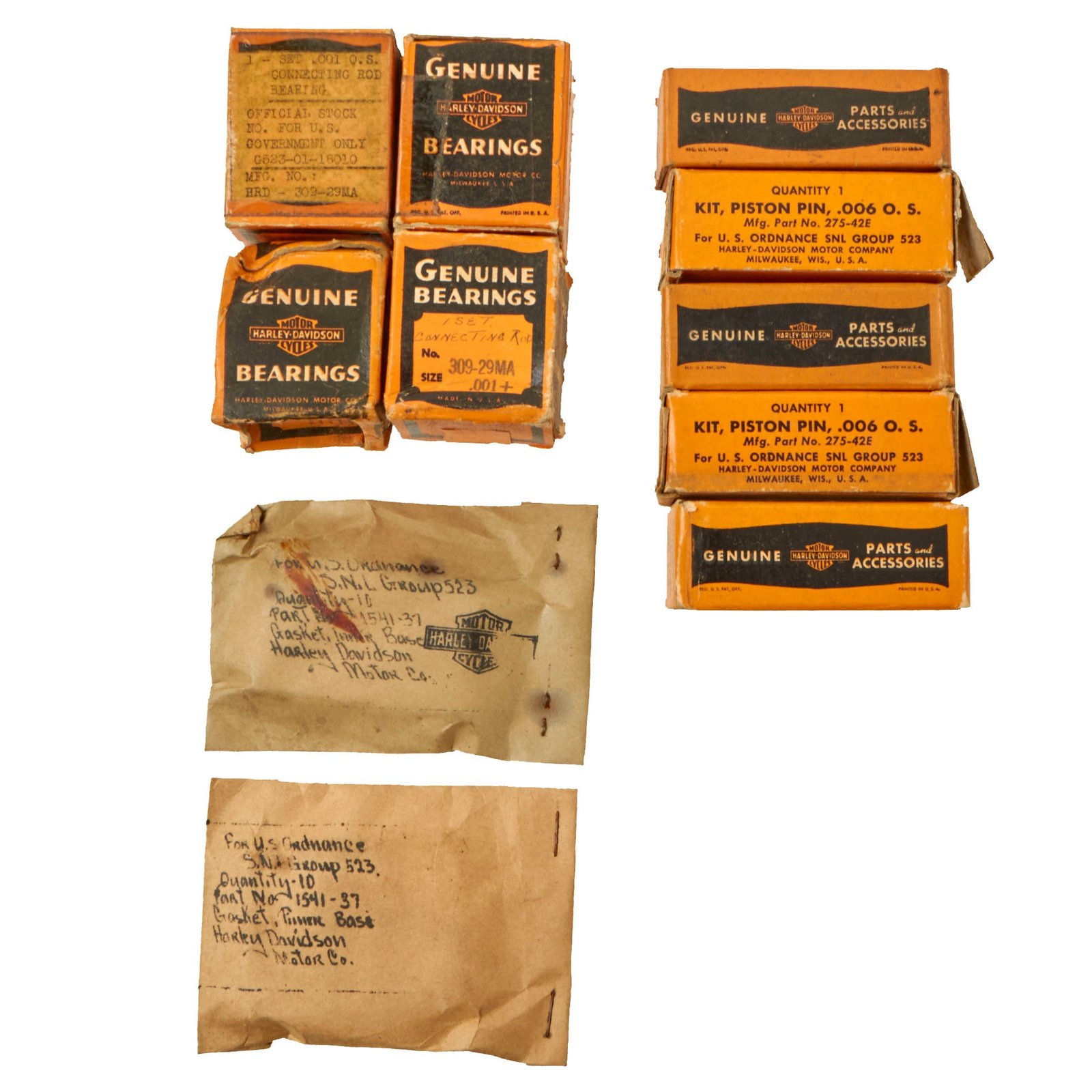 Buy Original U.S. WWII Harley Davidson Motorcycle Lot of Bearings & Piston Pin Kits in Original Boxes - 11 Pieces Total | Original Firearms Antique For Sale