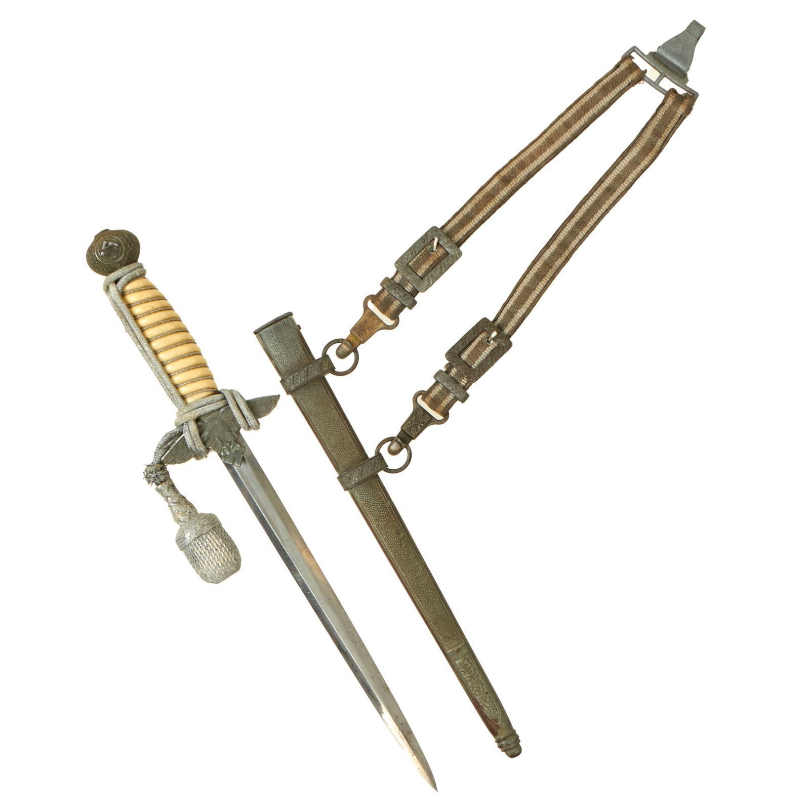 Buy Original WWII German 2nd Model Luftwaffe Dagger by W.K.C. Waffenfabrik with Scabbard, Hanger, and Portepee | Original Firearms Antique For Sale