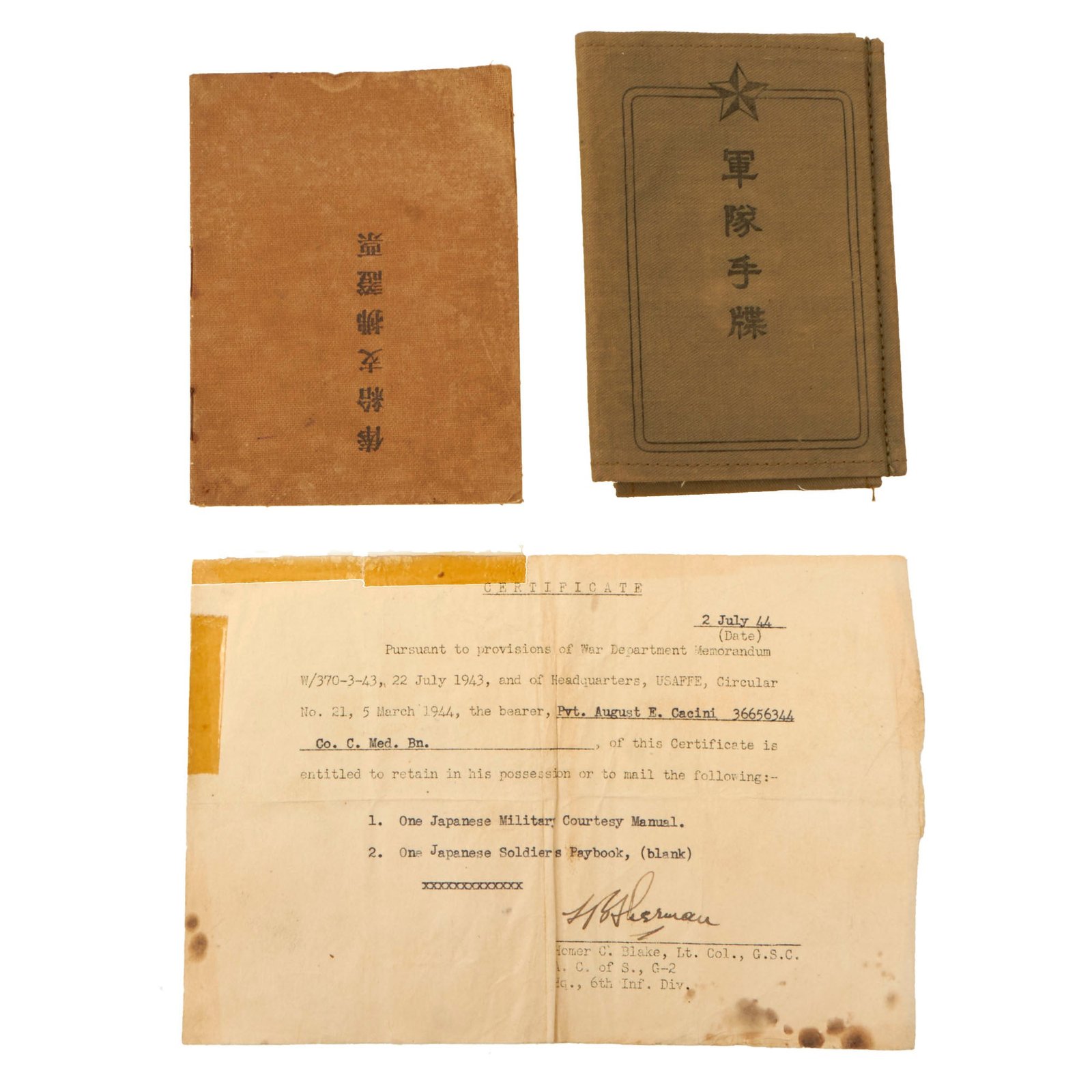 Buy Original U.S. WWII Captured Japanese Military Courtesy Manual & Blank Soldier’s Paybook with Capture Certificate - August E. Cacini | Original Firearms Antique For Sale