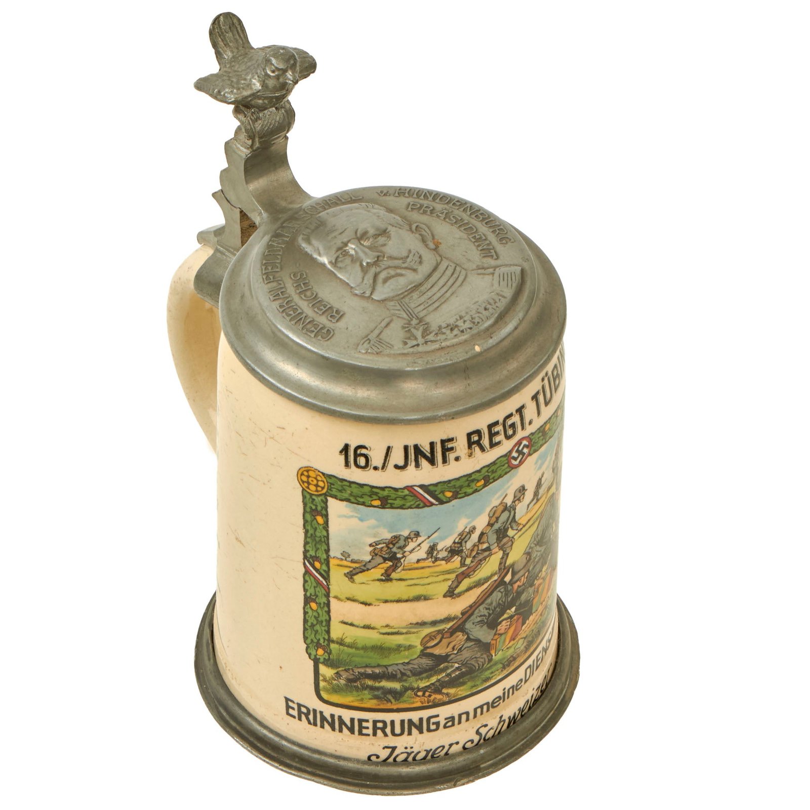 Buy Original German WWII Named Infantry Regiment Tübingen Marked 0.5L Beer Stein - Ceramic with Pewter Lid | Original Firearms Antique For Sale