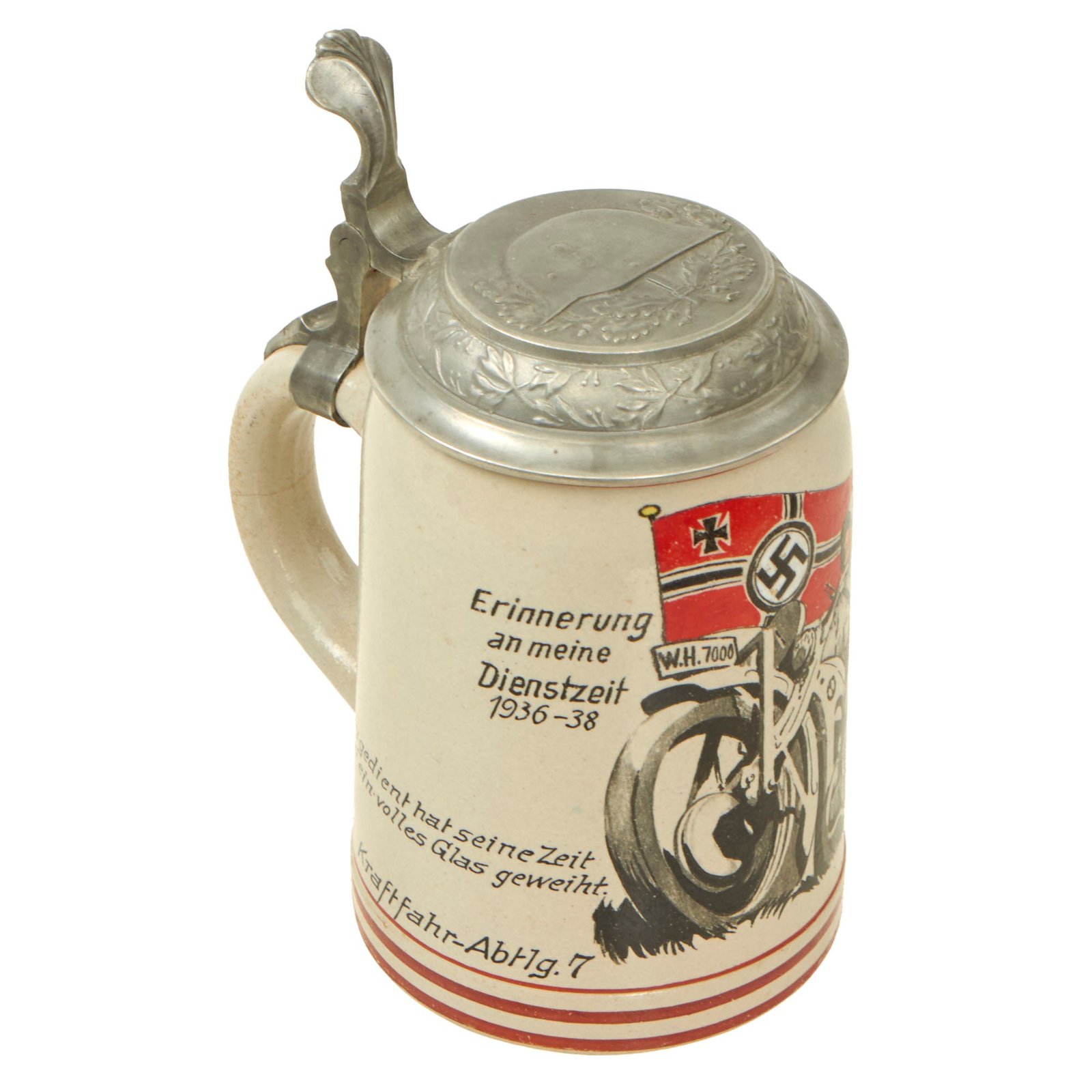 Buy Original German WWII Named Motorcycle Corps Unit Marked 0.5L Beer Stein - Ceramic with Pewter Lid | Original Firearms Antique For Sale