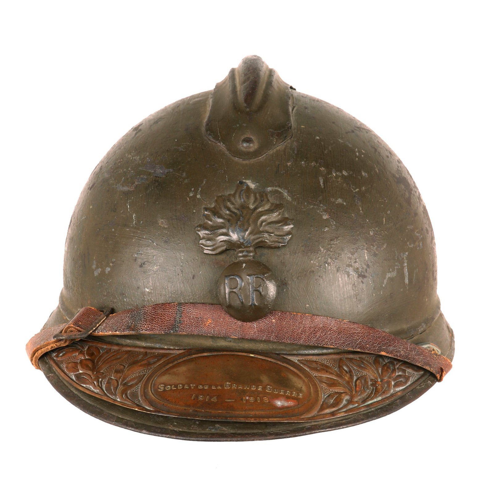 Buy Original French WWI Complete M1915 Adrian Infantry Helmet with Soldat De La Grande Guerre 1914-1918 Brass Plate | Original Firearms Antique For Sale
