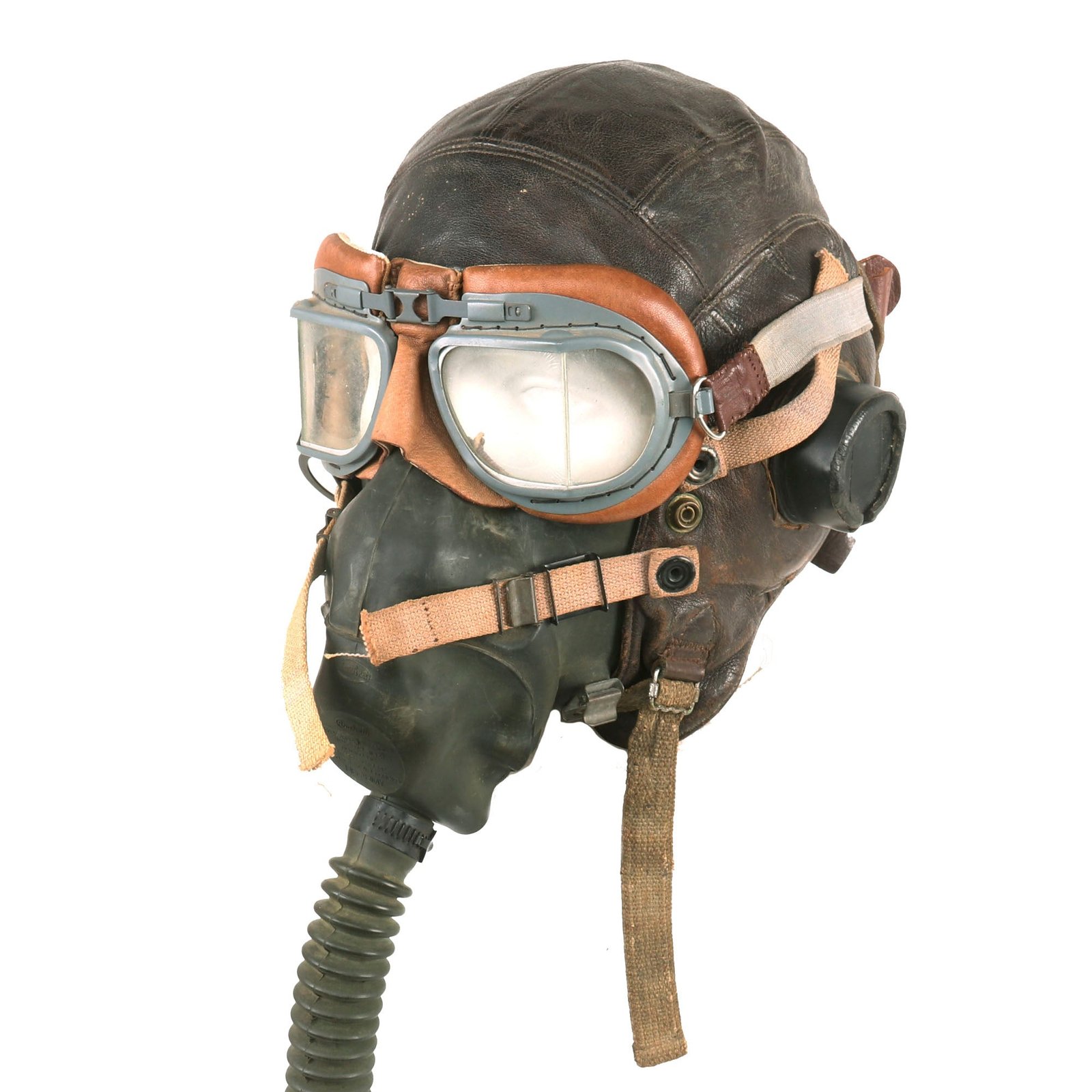 Buy Original U.S. WWII AAF British Type C Leather Flying Helmet & Mk VIII Goggles with U.S. A10-A Oxygen Mask | Original Firearms Antique For Sale