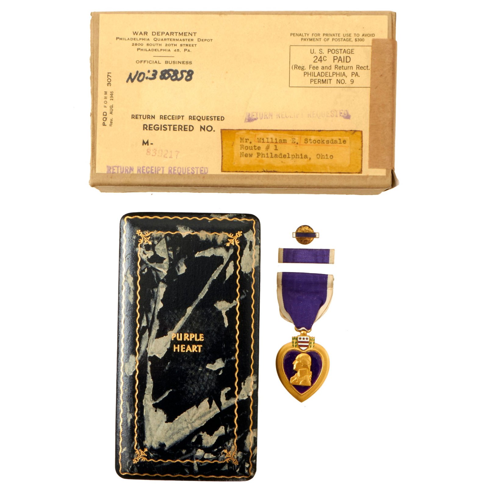 Buy Original U.S. WWII Purple Heart Medal in Original Shipping Box - William Stocksdale | Original Firearms Antique For Sale