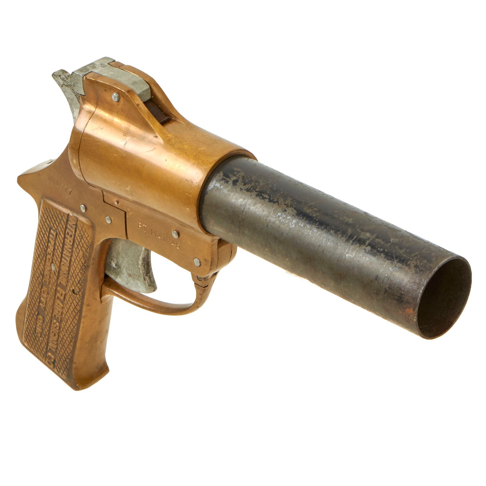Buy Original U.S. WWII International Flare Signal Company Brass-Framed Pistol Serial 31577 - Dated May 1945 | Original Firearms Antique For Sale