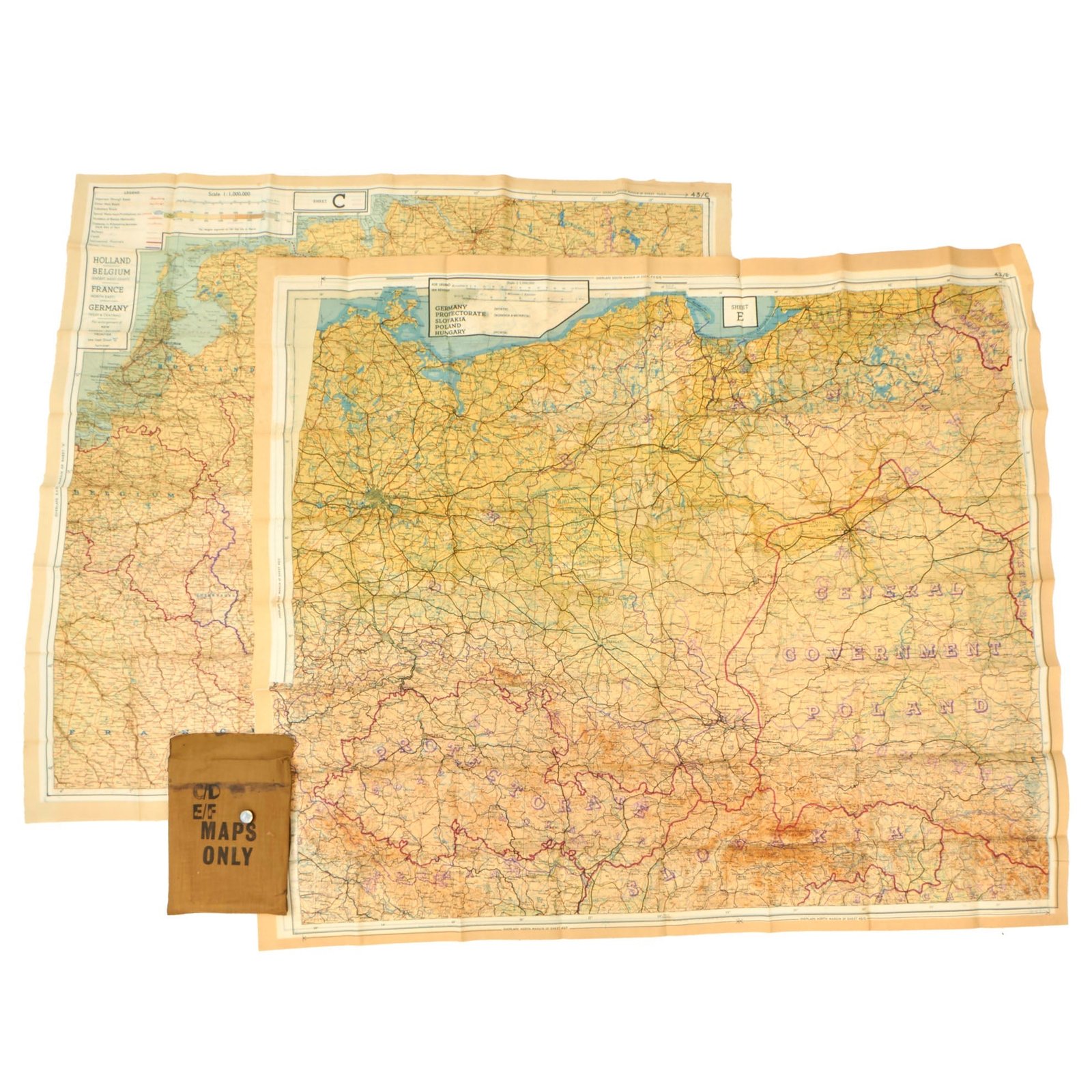 Buy Original U.S. WWII Set of 2 1943 Color Silk “Escape Maps” With “Maps Only” Pouch & Mini Compass - C/D & E/F | Original Firearms Antique For Sale