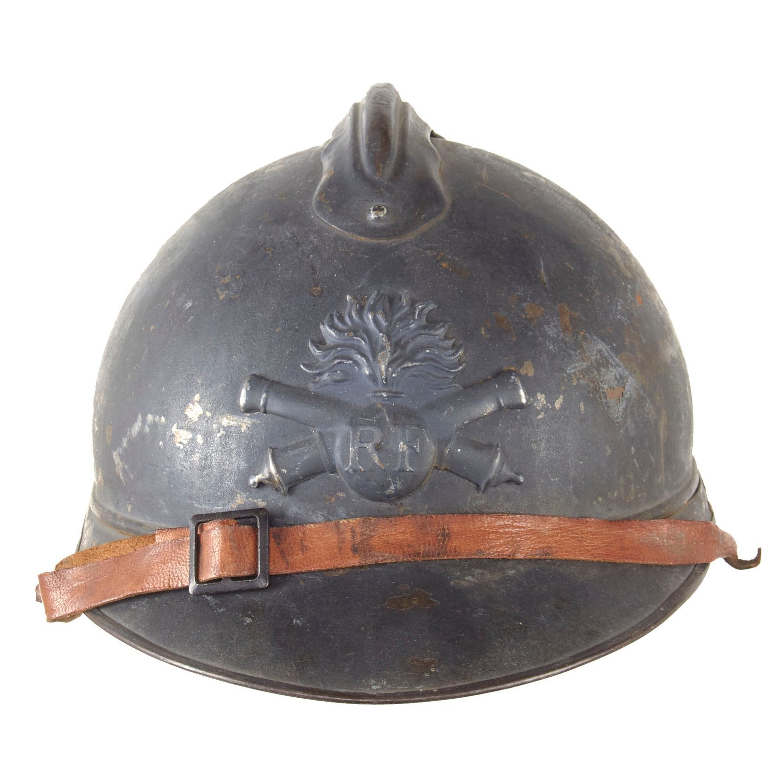 Original French WWI Model 1915 Adrian Helmet in Horizon Blue with Artillery RF Badge and 2nd Pattern Liner - Complete
