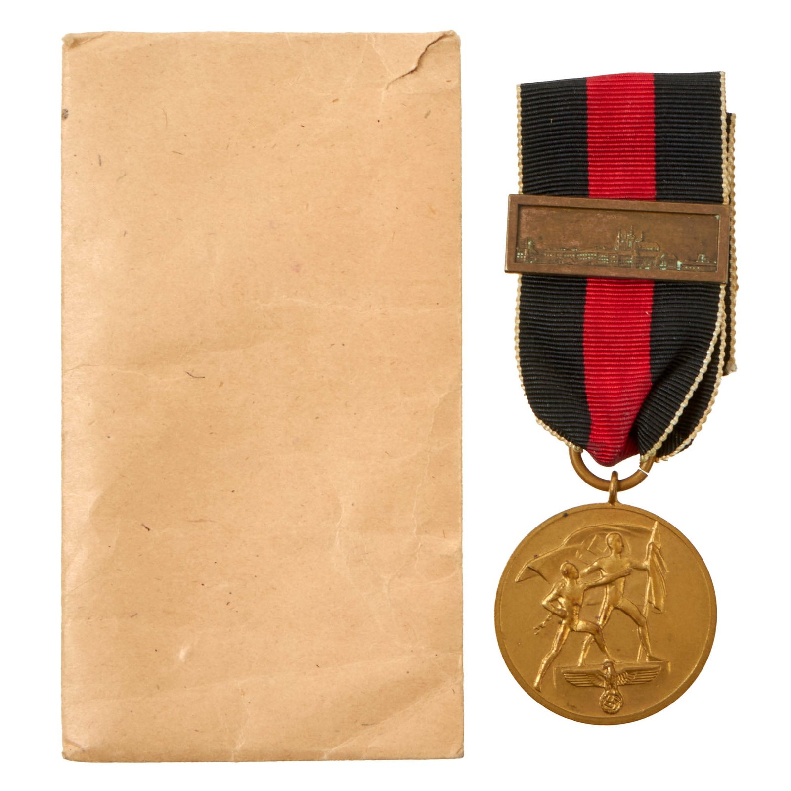 Buy Original German WWII 1 October 1938 Commemorative Sudetenland and Czech Conquest Medal with Prague Castle Bar in Packet | Original Firearms Antique For Sale
