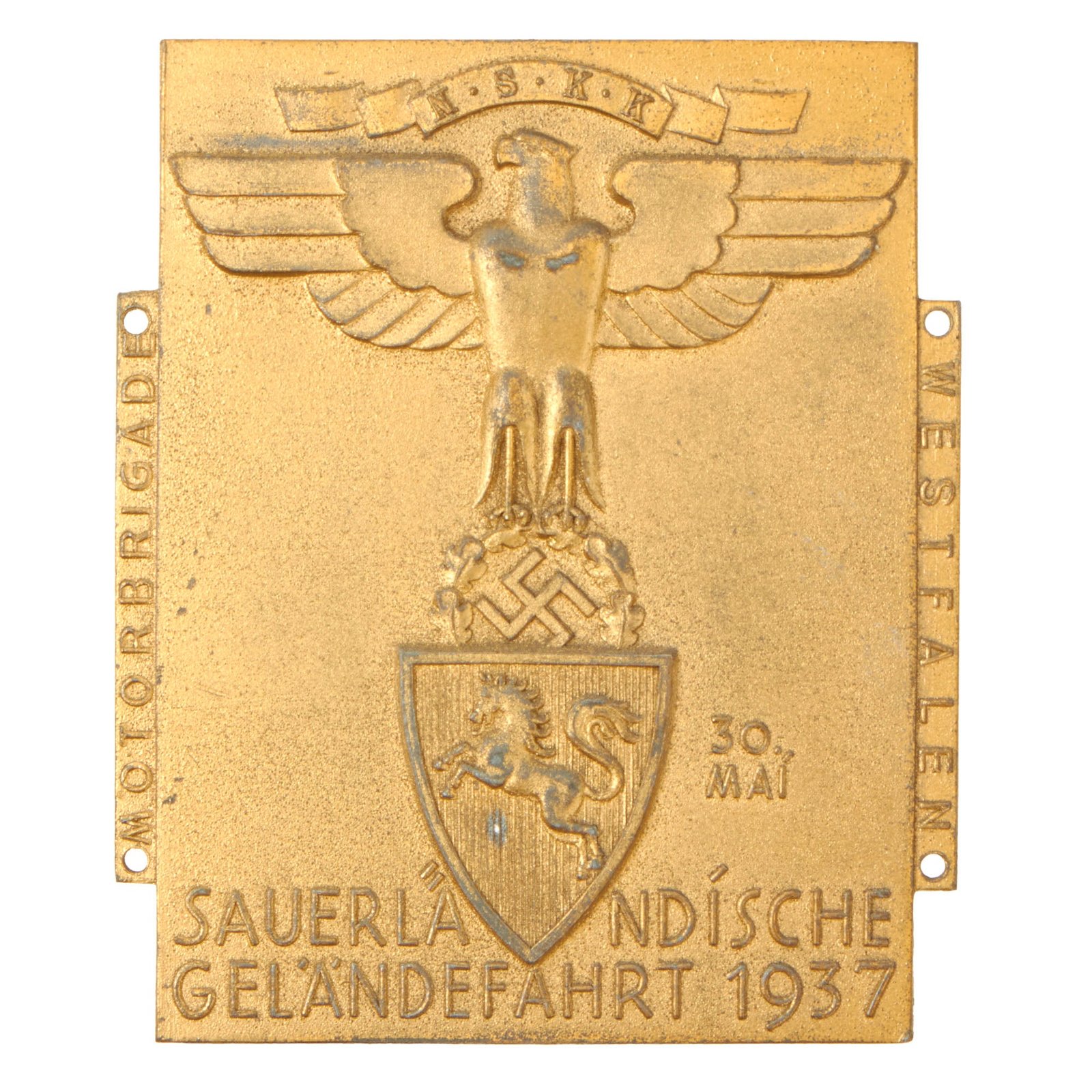 Buy Original German WWII NSKK Motorbrigade Westphalia Sauerland Overland Tour 30 May 1937 Participant Plaque | Original Firearms Antique For Sale