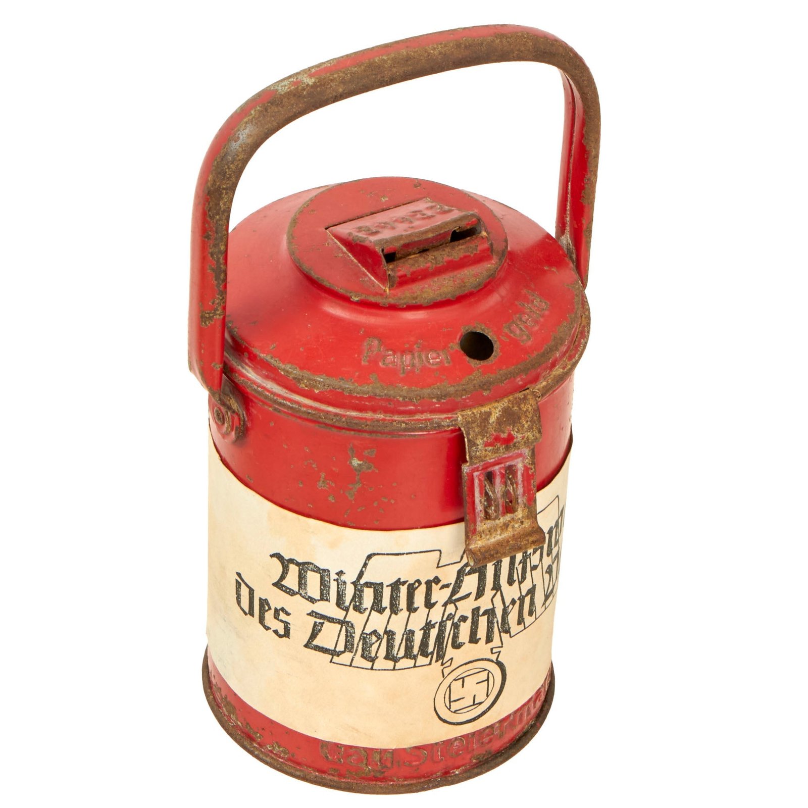 Buy Original German WWII WHW Gau Steiermark Donation Can by Westermann & Co Neheim-Ruhr with Rare Paper Label | Original Firearms Antique For Sale