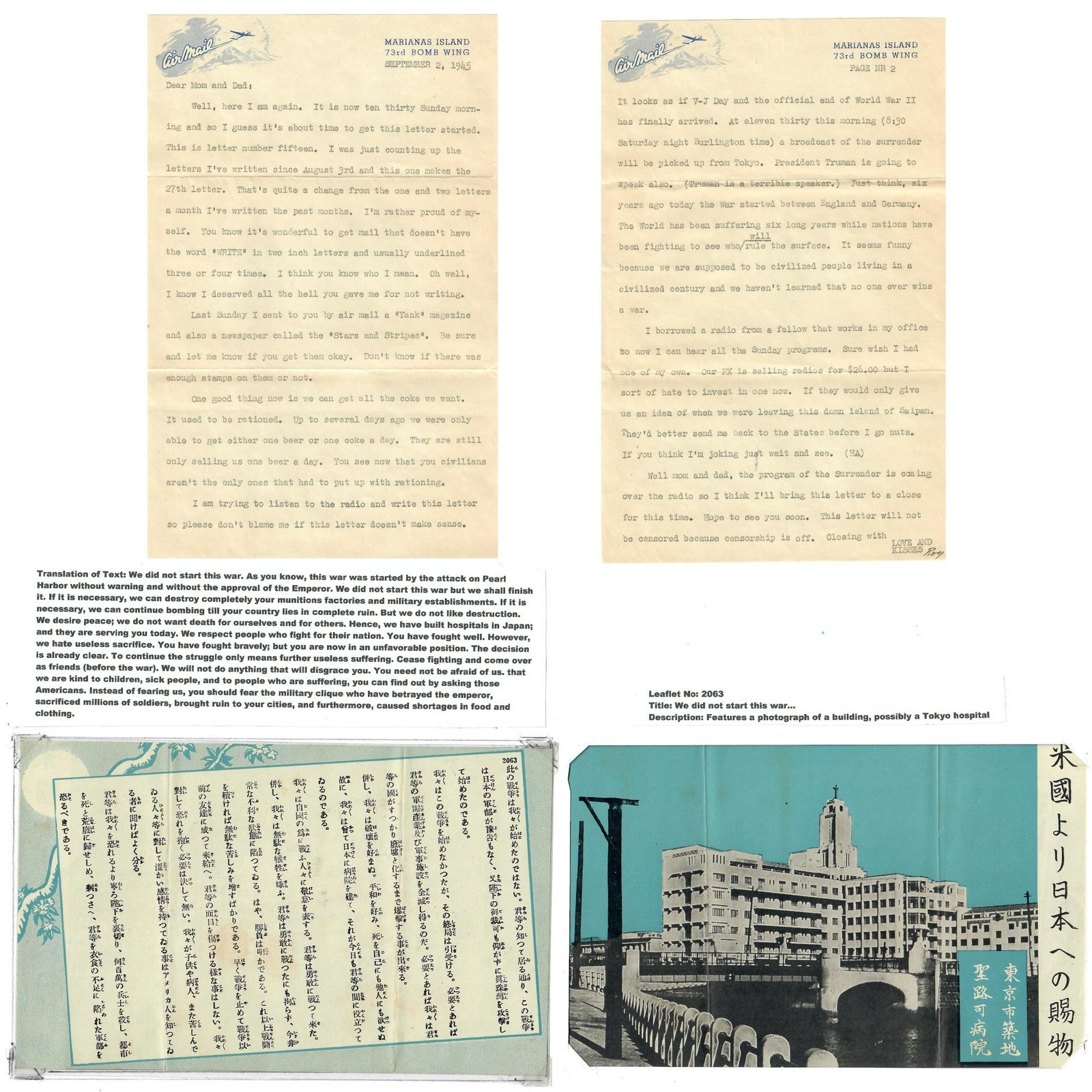 Buy Original U.S. WWII “We Did Not Start This War” Leaflet Dropped on Japanese Forces with V-J Day Letters to Parents - 73rd Bomb Wing | Original Firearms Antique For Sale