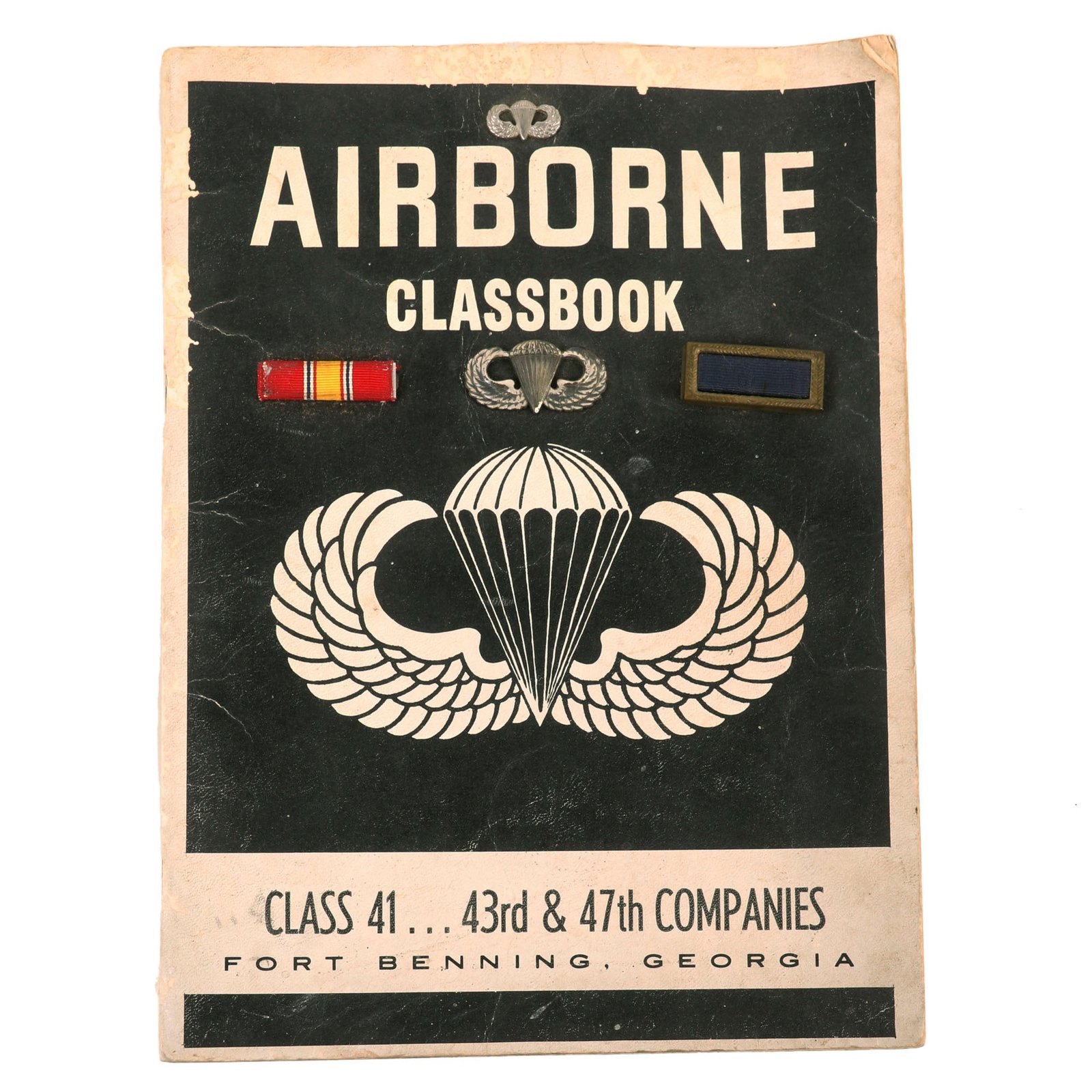 Buy Original U.S. Vietnam War Airborne Classbook with Paratrooper Wings & Ribbons Pinned to Cover - 43rd & 47th Companies | Original Firearms Antique For Sale