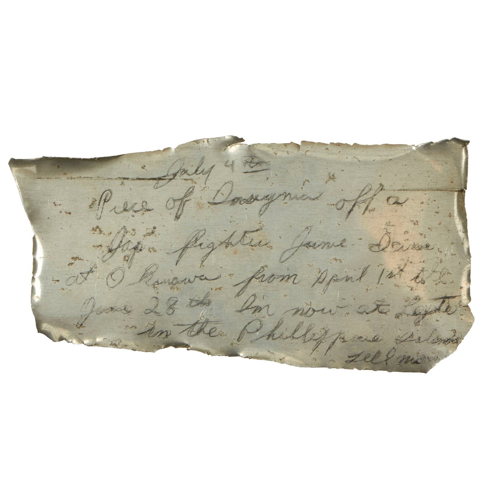 Buy Original U.S. WWII Captured Japanese Aircraft Aluminum Fragment with Soldier’s Inscription & Partial Meatball Insignia on Reverse | Original Firearms Antique For Sale