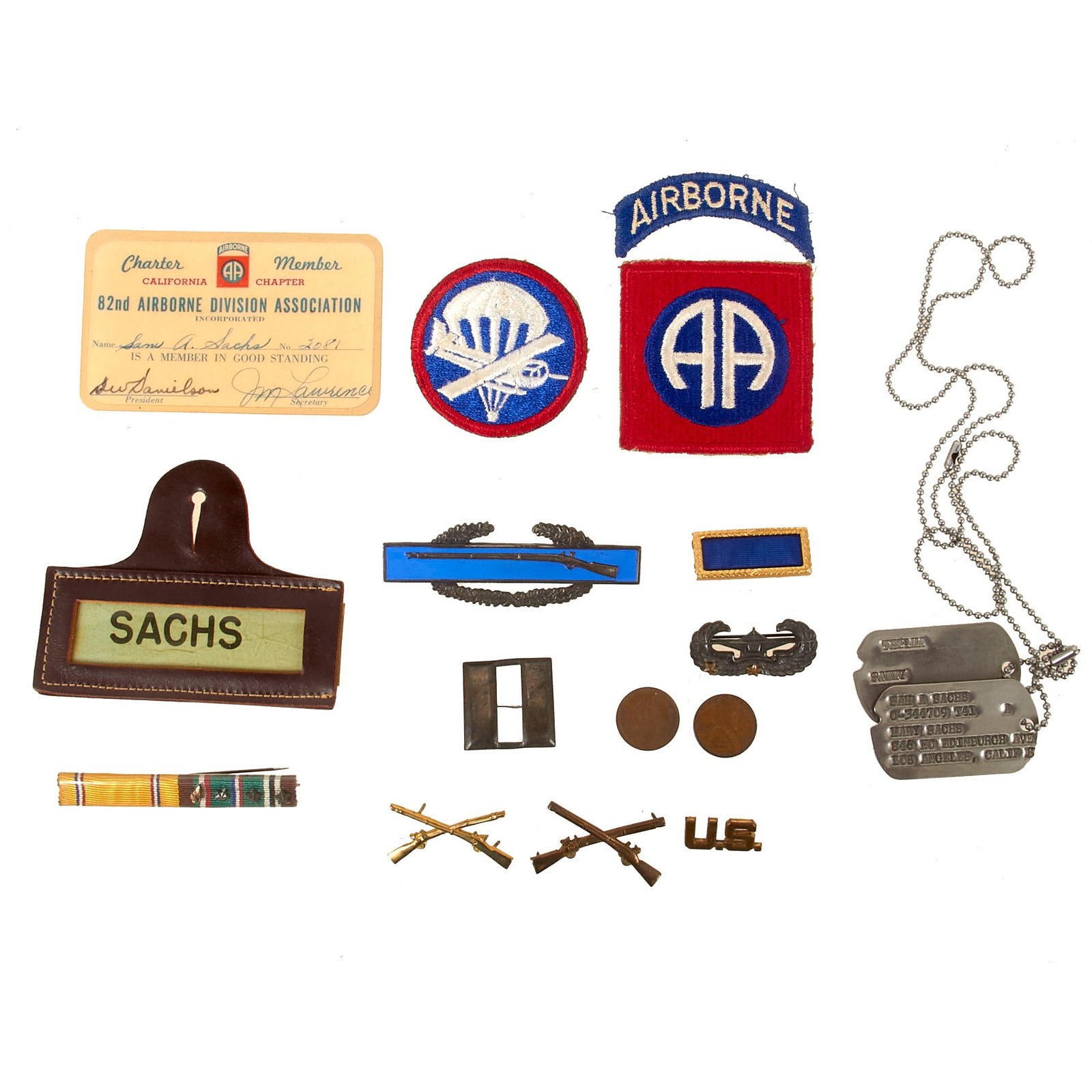 Buy Original U.S. WWII 82nd Airborne Division 325th Glider Infantry Captain Sam A. Sachs Dog Tag & Ephemera Grouping | Original Firearms Antique For Sale