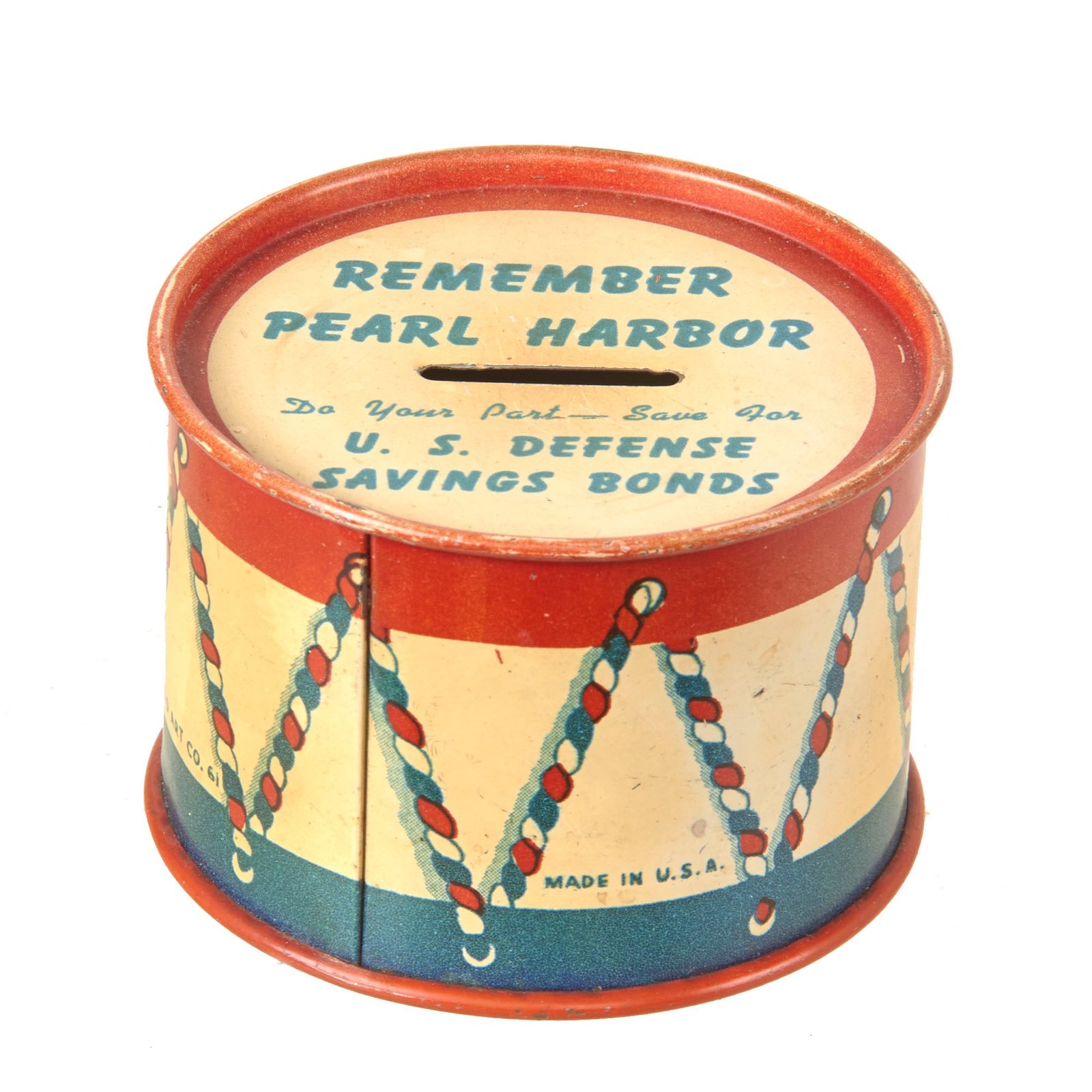 Buy Original U.S. WWII “Remember Pearl Harbor” Defense Saving Bonds Donation Drum Tin | Original Firearms Antique For Sale