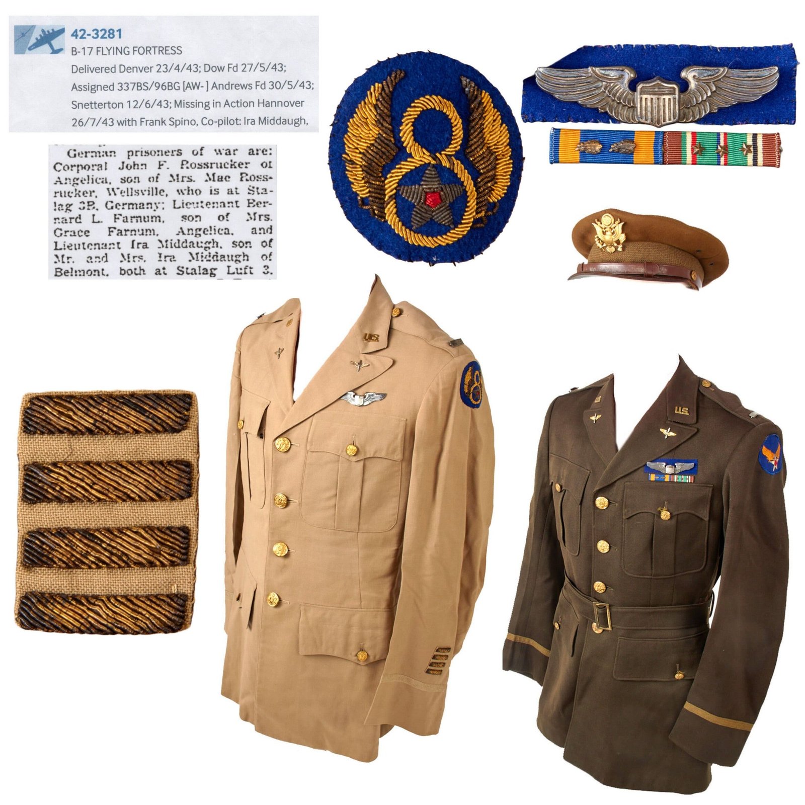 Original U.S. WWII POW Stalag Luft III Uniform Group of Lt. Ira Middaugh, 337th Bomb Squadron, 96th Bomb Group - Shot Down in B-17F “Mary R.” in 1943