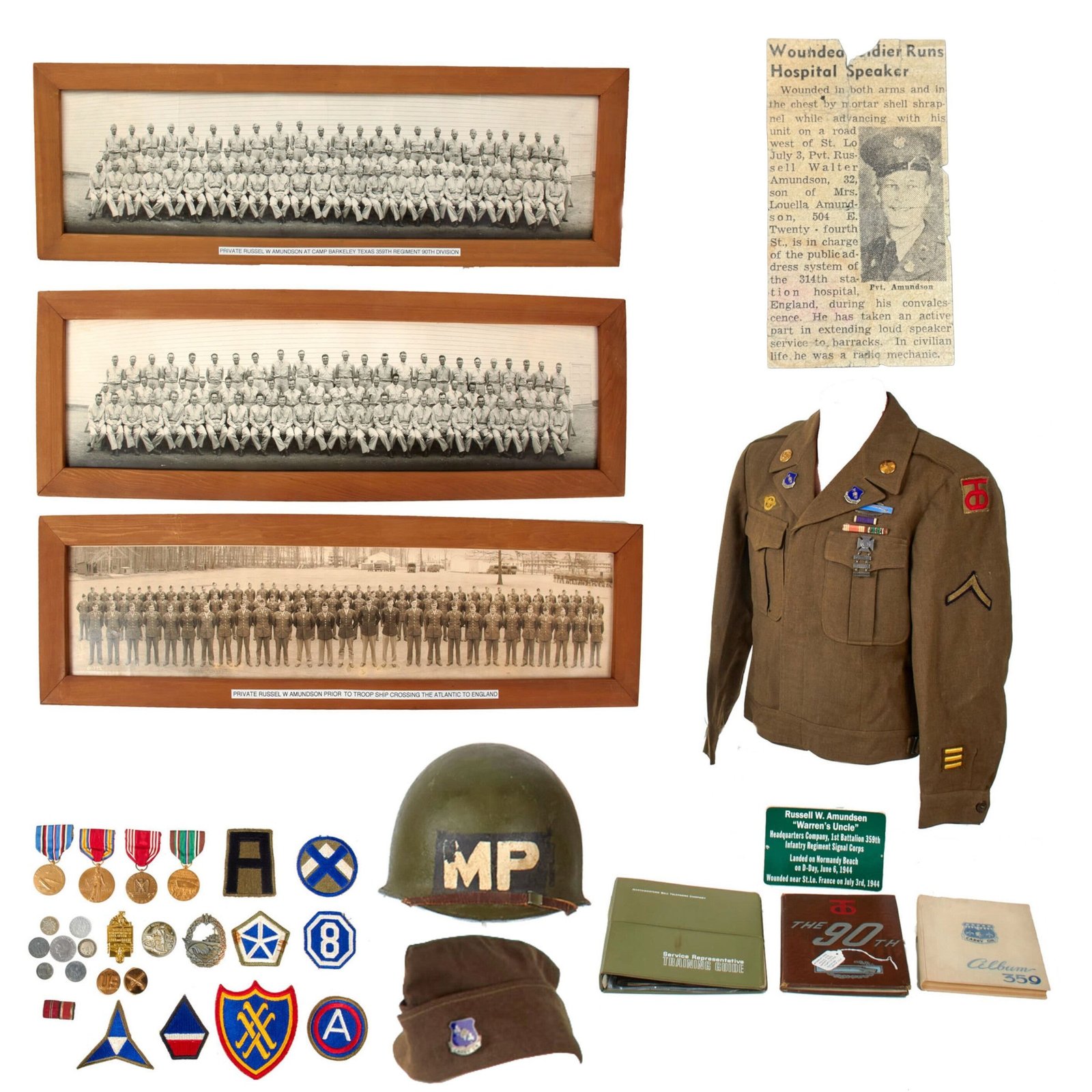 Original U.S. WWII 90th Infantry Division Wounded D-Day Uniform & M1 Helmet Grouping with Yardlong Photos & Binder of Ephemera - PFC. Russell Walter Amundsen, 359th Infantry Regiment